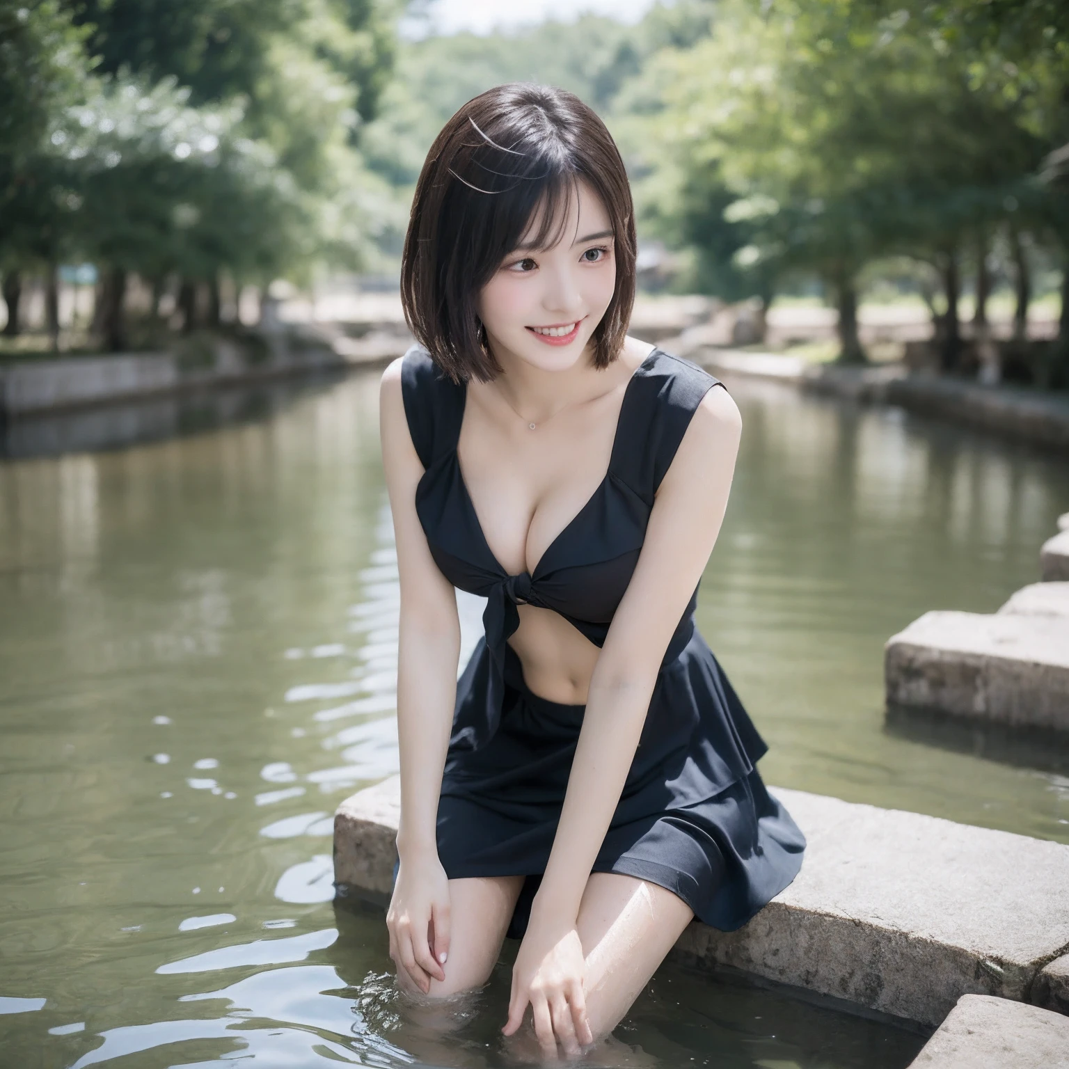 ((layered haircuts、Colossal tits:1.2)),（4K，highest  quality），Rustic，Creek in the countryside，Wearing a sailor suit chiffon slip dress，The costume is wet，detailed outfits:1.5，Delicate hair，Wet hair:1.5，Water droplets hang on fair skin:1.2，Detailed river water，Water surface to the soles of your feet，Feet on the water，the river is crystal clear:1.5，Full body photography:1.8， Android， adolable， ssmile，exteriors， Thin face， short detailed hair， （huge tit， cleavage：0.8）