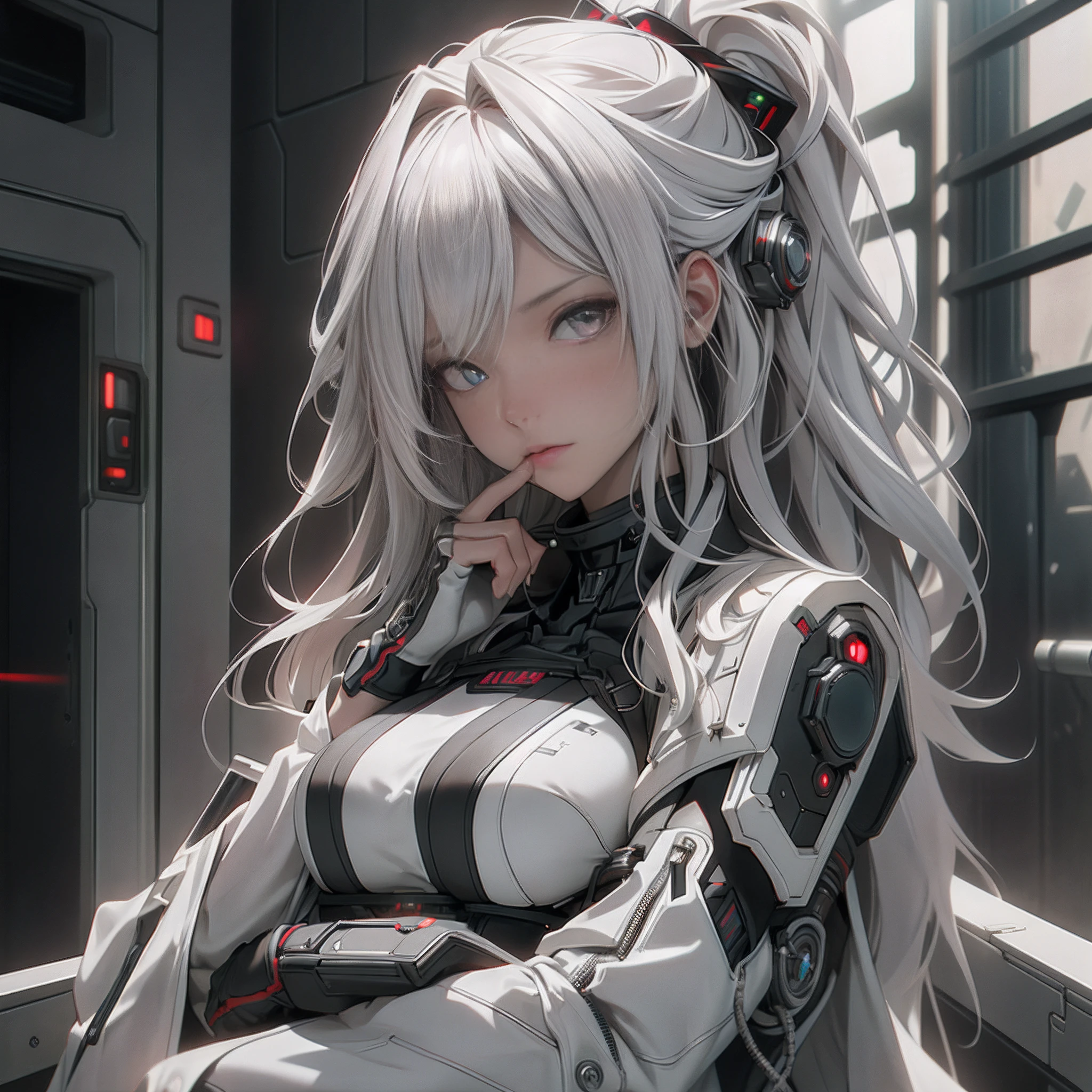 ((Best quality)), ((masterpiece)), (detailed:1.4), 3D, an image of a beautiful cyberpunk female, long silver hair, gray eyeys,HDR (High Dynamic Range),Ray Tracing,NVIDIA RTX,Super-Resolution,Unreal 5,Subsurface scattering,PBR Texturing,Post-processing,Anisotropic Filtering,Depth-of-field,Maximum clarity and sharpness,Multi-layered textures,Albedo and Specular maps,Surface shading,Accurate simulation of light-material interaction,Perfect proportions,Octane Render,Two-tone lighting,Wide aperture,Low ISO,White balance,Rule of thirds,8K RAW,