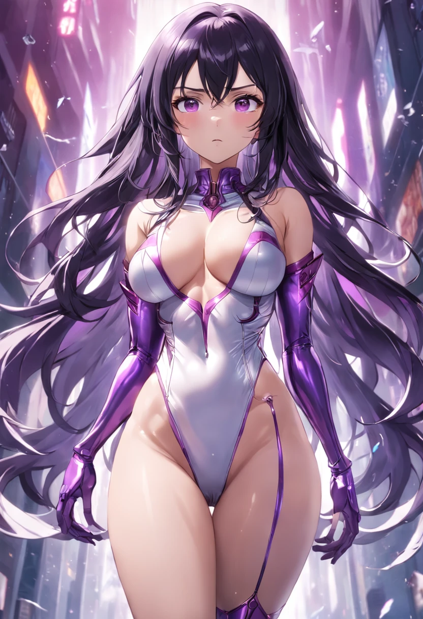 white backgrounid　tall and large breasts　Purple metallic suit　highleg　Woman with long black hair　full bodyesbian