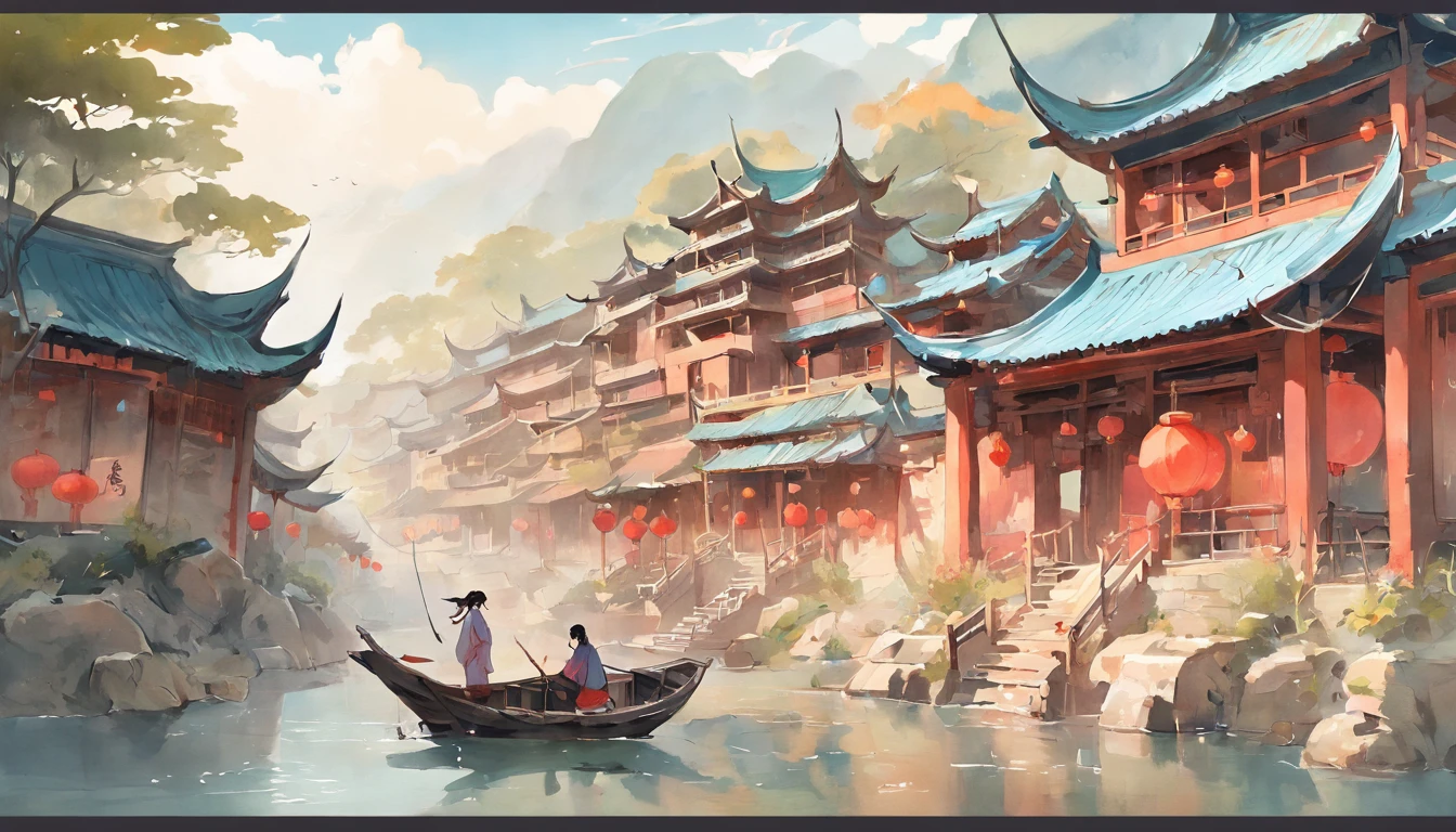Art graphics, Big fish begonia illustration style,River paintings of boats and buildings in the background, chinese artist, Chinese watercolor painting, Chinese Ancient Architecture, landscape artwork, Chinese watercolor style, dreamy Chinese towns, Chinese Village, Chinese watercolor painting, author:Shen Shizhen's highly detailed cleaning, Authentic illustrations,of the highest quality,Artistic