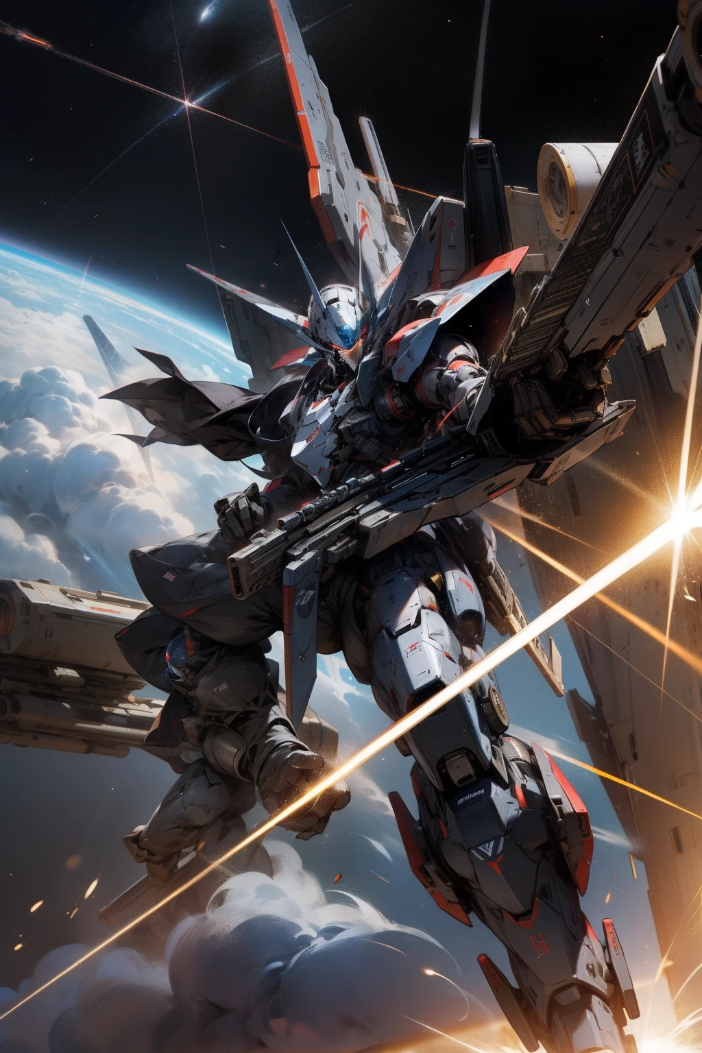 Huge Mecha, Sniper, Armour plated, firing from sky, ultra big rifle for laser beam, jet boosters, space --auto
