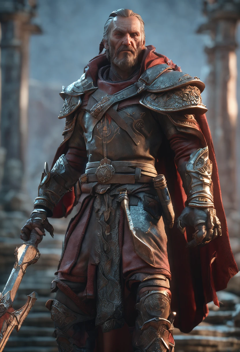a close up of a statue of a man with a sword, cinematic bust shot, video game render, high res render, clay render, cinematic bust portrait, assassin, inspired by world of warcraft, 3 d character render, 3 d render character art 8 k, sharp focus, beautifull, knight, templar, rolands zilvinskis 3d render art, icon
