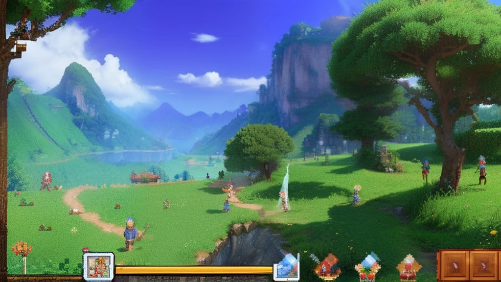 鸟山明风格,Flat pixel games《dragon quest》,Game scene design,(a paradise:1.4),16-bit pixels