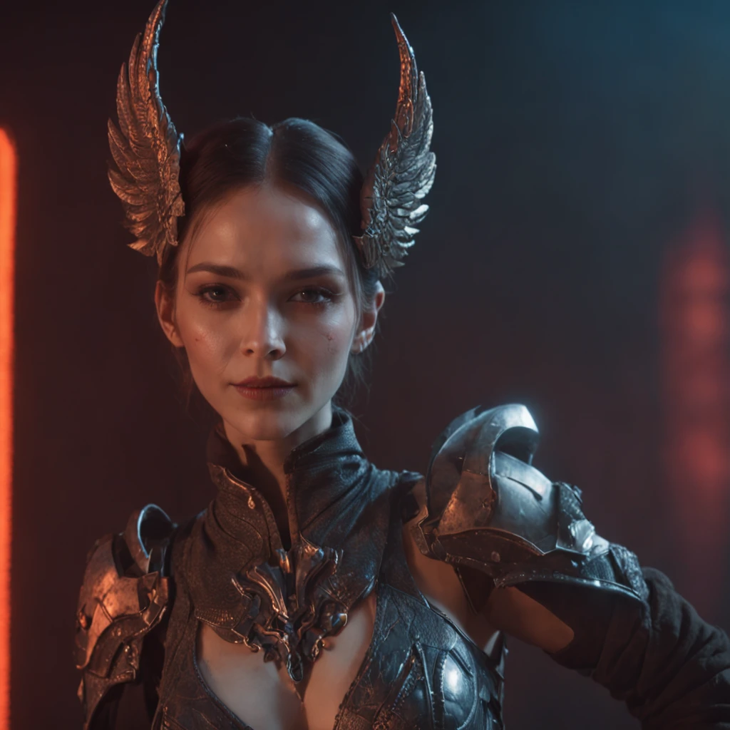 Close-up of a portrait of a woman，cyber punk perssonage，Wings of Magic，Dramatic lighting，((((Bust on the front)))),Red and blue lights，darkly，divino，perfect compositions，cinmatic lighting，Ultra-delicate skin，Magical world，in the dark castle，A combination of magic and alien technology，Wings，sportrait，whaite hair，Feathered wings，Magic and newcomers combined，Woman bust，mistic，Beutiful women，Dark environment，Divine light，cinematic compositions，perfect compositions，softlighting，Detail light，Playful smile,(Many award-winning masterpieces，The details are incredible, textures and maximum detail), (Hyper-realistic: 1.4), (Realistic: 1.3), ((((Front bust)))))（cyber punk perssonage），Wings，Castle building，Mechanical dare，A combination of futuristic technology and magic，(Highest quality authentic textured skin), Fantasy theme, Black clothes, Black cloak, Network elements, Red light, Blue light, finerly detailed face, ((medieval world)),A close-up of a woman，(Lord's Flame Demon)), (((Lord's Hellfire Demon))) (With a mischievous smile on his face), (Glowing eyes in the dark: 1.5), (A pair of black eyes，A strong red light is emitted from the inside) :1.5), (full-body standing image: 1.5), (Dramaticlight), Wings, (A majestic sight), (Her face is gentle and beautiful, but somehow terrifying), Ears Wear glass earrings, (Dramatic photo: 1.4), (Full body portrait: 1.5), ((dramatic pose)), (blond hairbl), (Silver hair), (Maroon hair), Short hair, ((Looking up)) , ((Look down)), (A simple necklace of exquisite workmanship hangs around the neck), (Bioluminescence that emits a bright glow: 1.3), (Use gorgeous fire magic: 1.2), (swirling fire), Devil's Cathedral, The Devil's Grand Shrine, great temple, great cathedral, Temple ruins, Freestanding temple, (Luminous magic circle), Ancient Castle Site, Shine majestic clouds and sky, Lightning, Epic reality, fading, art, (greg rutkovsky: 0.8), (Teal and orange: 0.4), (art  stations: 1.5), Cinematic, ((com cores neutras