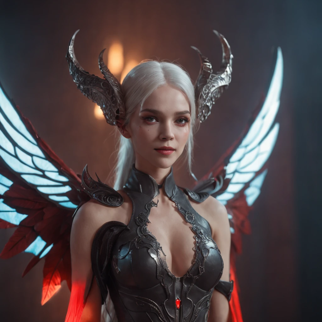 Close-up of a portrait of a woman,cyber punk perssonage,Wings of Magic,Dramatic lighting,((((Bust on the front)))),Red and blue lights,darkly,divino,perfect compositions,cinmatic lighting,Ultra-delicate skin,Magical world,in the dark castle,A combination of magic and alien technology,Wings,sportrait,whaite hair,Feathered wings,Magic and newcomers combined,Woman bust,mistic,Beutiful women,Dark environment,Divine light,cinematic compositions,perfect compositions,softlighting,Detail light,Playful smile,(Many award-winning masterpieces,The details are incredible, textures and maximum detail), (Hyper-realistic: 1.4), (Realistic: 1.3), ((((Front bust)))))(cyber punk perssonage),Wings,Castle building,Mechanical dare,A combination of futuristic technology and magic,(Highest quality authentic textured skin), Fantasy theme, Black clothes, Black cloak, Network elements, Red light, Blue light, finerly detailed face, ((medieval world)),A close-up of a woman,(Lord's Flame Demon)), (((Lord's Hellfire Demon))) (With a mischievous smile on his face), (Glowing eyes in the dark: 1.5), (A pair of black eyes,A strong red light is emitted from the inside) :1.5), (full-body standing image: 1.5), (Dramaticlight), Wings, (A majestic sight), (Her face is gentle and beautiful, but somehow terrifying), Ears Wear glass earrings, (Dramatic photo: 1.4), (Full body portrait: 1.5), ((dramatic pose)), (blond hairbl), (Silver hair), (Maroon hair), Short hair, ((Looking up)) , ((Look down)), (A simple necklace of exquisite workmanship hangs around the neck), (Bioluminescence that emits a bright glow: 1.3), (Use gorgeous fire magic: 1.2), (swirling fire), Devil's Cathedral, The Devil's Grand Shrine, great temple, great cathedral, Temple ruins, Freestanding temple, (Luminous magic circle), Ancient Castle Site, Shine majestic clouds and sky, Lightning, Epic reality, fading, art, (greg rutkovsky: 0.8), (Teal and orange: 0.4), (art stations: 1.5), Cinematic, ((com cores neutras