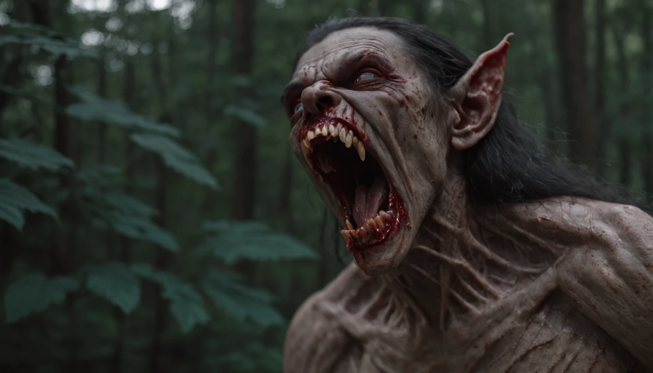 Beautiful vampires ahead, (Huge werewolves standing in the distance),Forest at night,Bared fangs, full bodyesbian, Dramatic lighting, abstract expressionism, Metaphysical, expressionistic, Golden ratio,detail, Aesthetic, Octane rendering, Excellent composition, Natural texture, 8k oil, pain, Masterpiece, canon eos r4s 50
