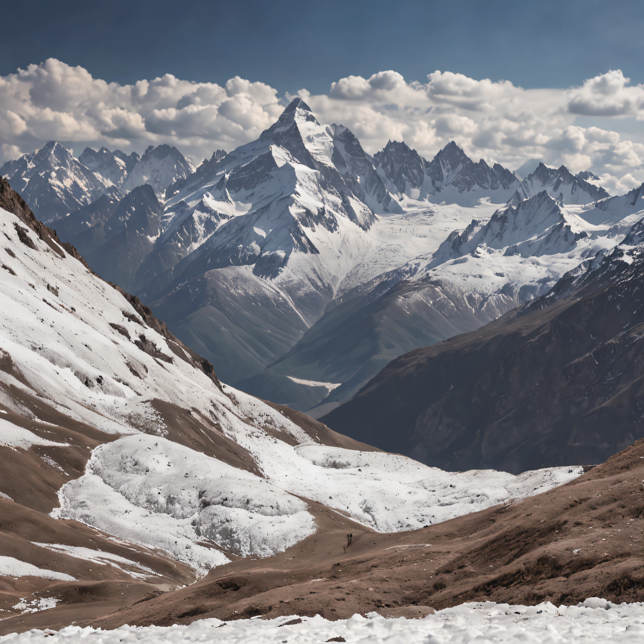 Mountains covered in snow and snow with a few clouds in the sky - SeaArt AI