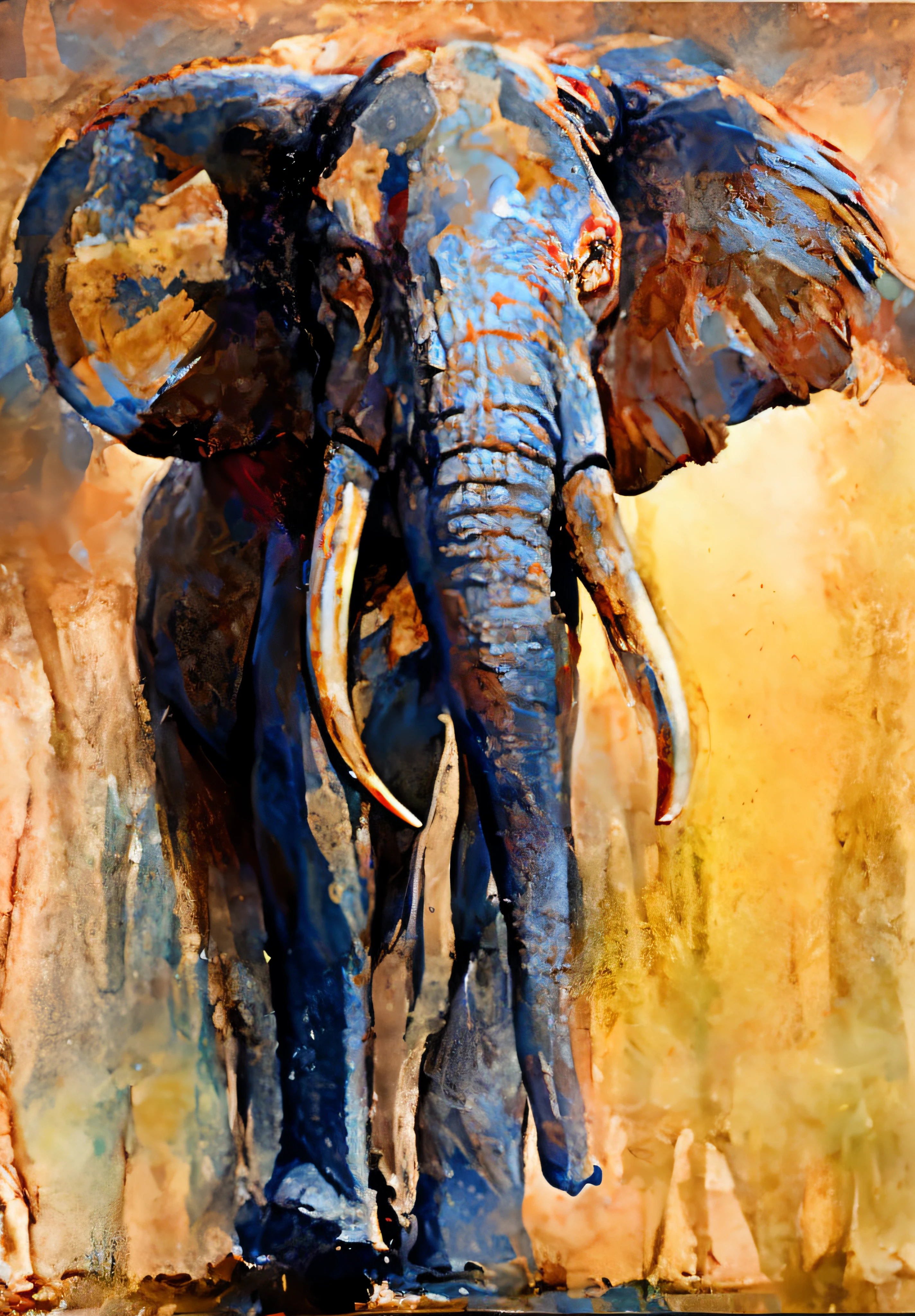painting of an elephant with a tusk and tusks, beautiful painting of a tall, by Tony Szczudlo, by Dan Christensen, by Judy Cassab, by Mark Tedin, by William Thon, by Micha Klein, by Arthur Pan, by David Park, by Bernard D’Andrea, colored elephant art, by Zeen Chin, by Brian Thomas