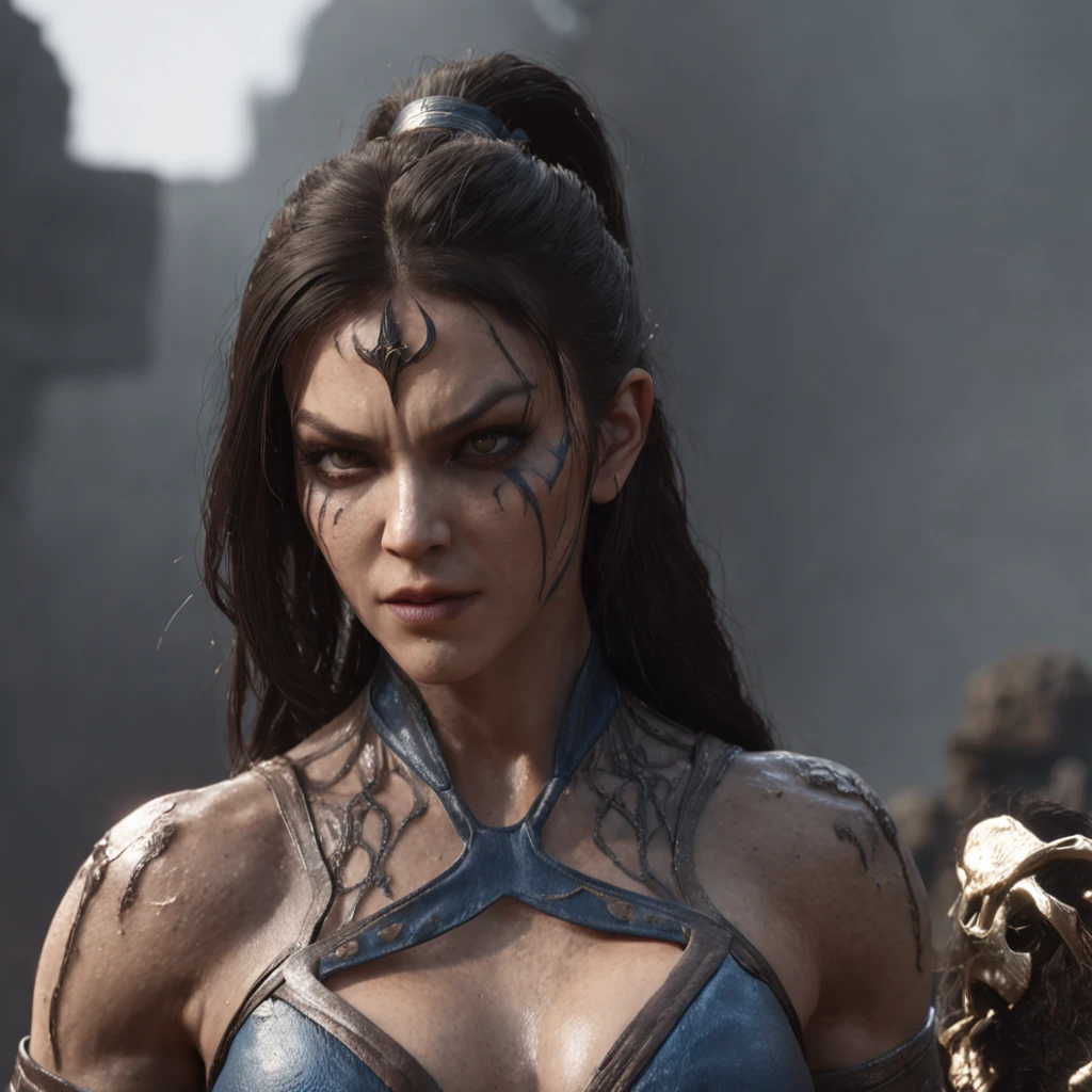 (professional 3d render:1.3) af (Realistic:1.3) most beautiful artwork photo in the world,Features soft and shiny version of Kitana from mortal kombat 9, ((Epic hero fantasy muscle man rough wet hero angry look long hair short beard and ferocious expression in dynamic pose, Fantastic location, Majestic cluttered environment)), full body 8k unity render, action shot, skin pore, very dark lighting, heavyshading, Detailed, Detailed face, (vibrant, photograph realistic, Realistic, Dramatic, Dark, Sharp focus, 8K), (Old leather garments damaged by weathering:1.4), ((((Wear fur)))), (Intricate:1.4), decadent, (Highly detailed:1.4), Digital painting, rendering by octane, art stations, concept-art, smooth, Sharp focus, illustration, Art germ, (loish:0.23), wlop ilya kuvshinov, and greg rutkowski and alphonse mucha gracias, (Global illumination, Studio light, volumettic light), heavy rain, particles floating, lotr, fantasy, elf, full bodyesbian, ((Dark and ancient city background:1.3)),CGSesociety,art stations