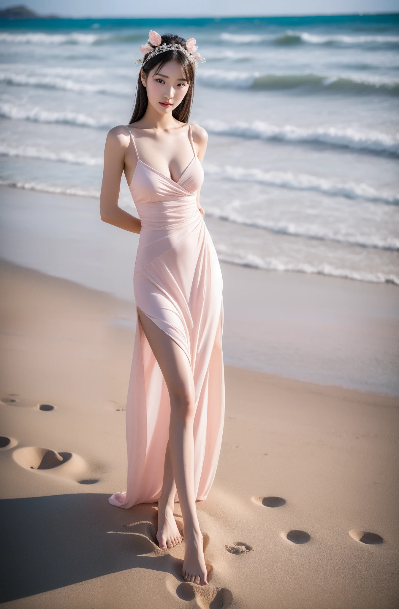 woman in the  sandbeach, Good hips and long legs,  Sexy pose, Very sexy pose, Sexy girl nipple, Attractive pose, gorgeous chinese models, sexy look at the camera, Pose by the sea, Long legs, Long thin legs, very sexy outfit，Big breasts:1.3，Delicate makeup，delicated face，Wear a wedding dress,  Pink clothes，Delicate headgear
