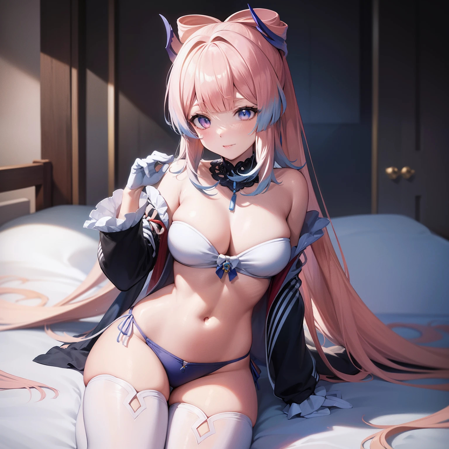 anime - style image of a woman in a bikini laying on a bed, seductive anime girls, 8K high quality detailed art, From Arknights, azur lane style, nightcore, Smooth anime CG art, Anime art wallpaper 8 K, pixiv 3dcg, Guweiz in Pixiv ArtStation, trending on artstation pixiv,hands spread wide,Need to be embraced,Open your legs,The middle part is exposed