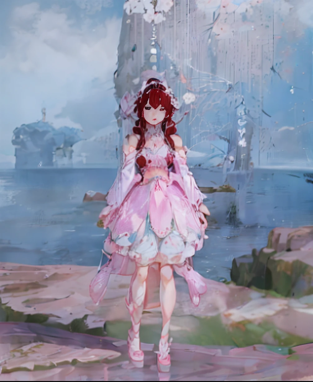 There was a woman in a pink dress standing on a rock, fantasyoutfit, cotton cloud mage robes, pink twintail hair and cyan eyes, inspired by Park Hua, full-body xianxia, lunar themed attire, gilded lotus princess, inspired by Hong Ren, azur lane style, jellyfish shrine maiden 8k, inspired by Ren Xiong, dreamy dress