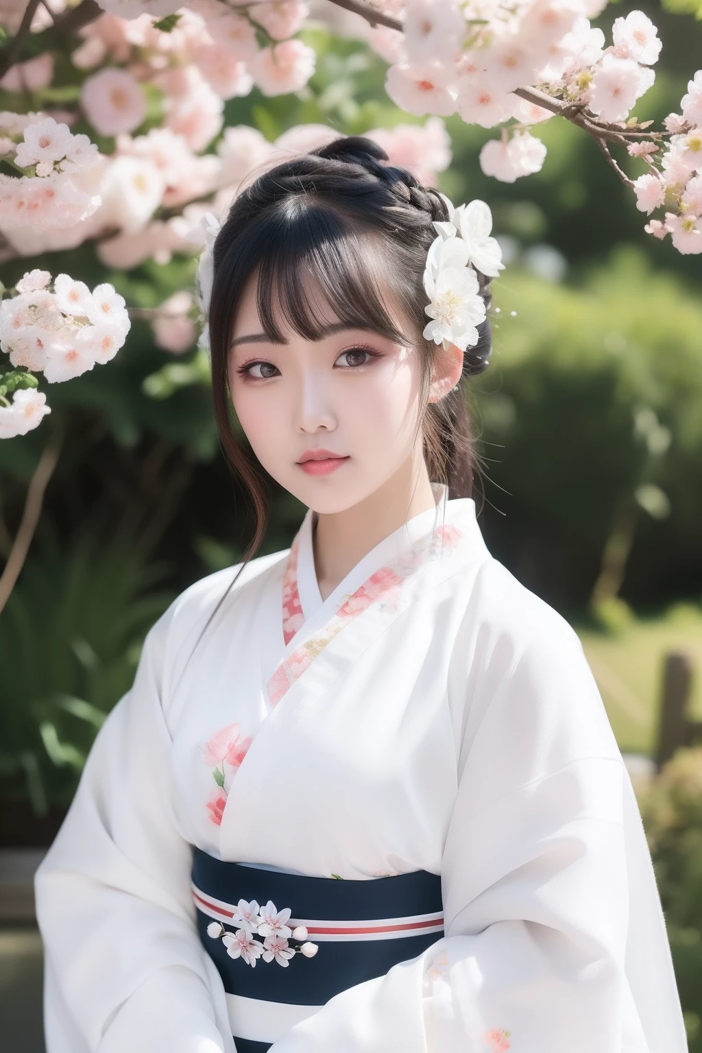 Close-up of a woman in a white kimono,Flowers in the hair, White Hanfu, Hanfu, Palace , A girl in Hanfu, Japanese model, Japanese clothes, Middle metaverse, white hime cut hairstyle, beautiful Japanese girl face, traditional japanese, japanese-inspired, Japanese, shikamimi, komono
