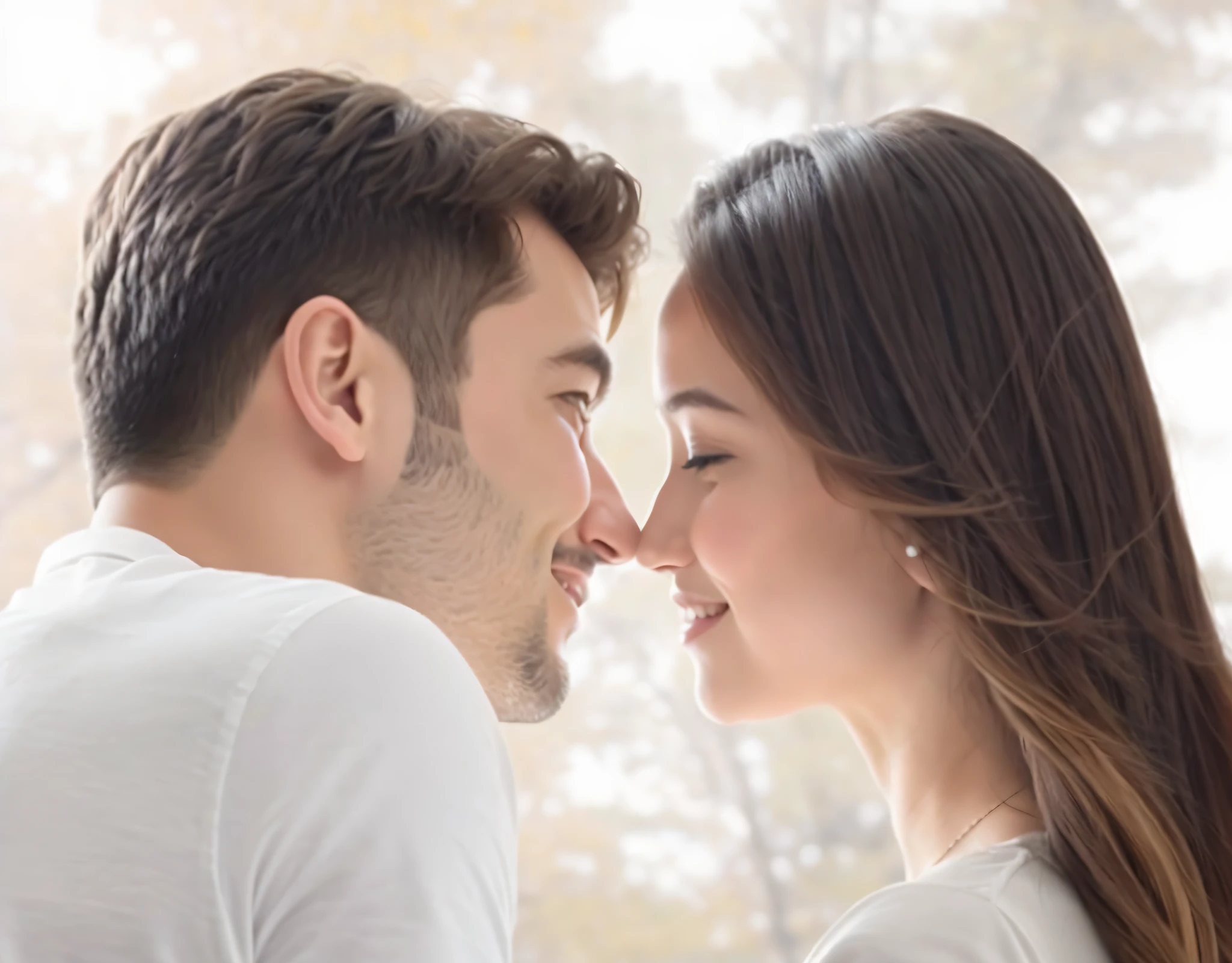 They looked at each other,Stand together with a smile, cinematic Film still from, award winning movie still, promotional movie still, Film stills promotion, kissing together cutely, cinematic Film still from, film promotional image, Background with, film promotional still, Kiss, romantic lead, film movie still, netflix, 4K), 4 k'' ), photoshoot, couple kissing, kissing together