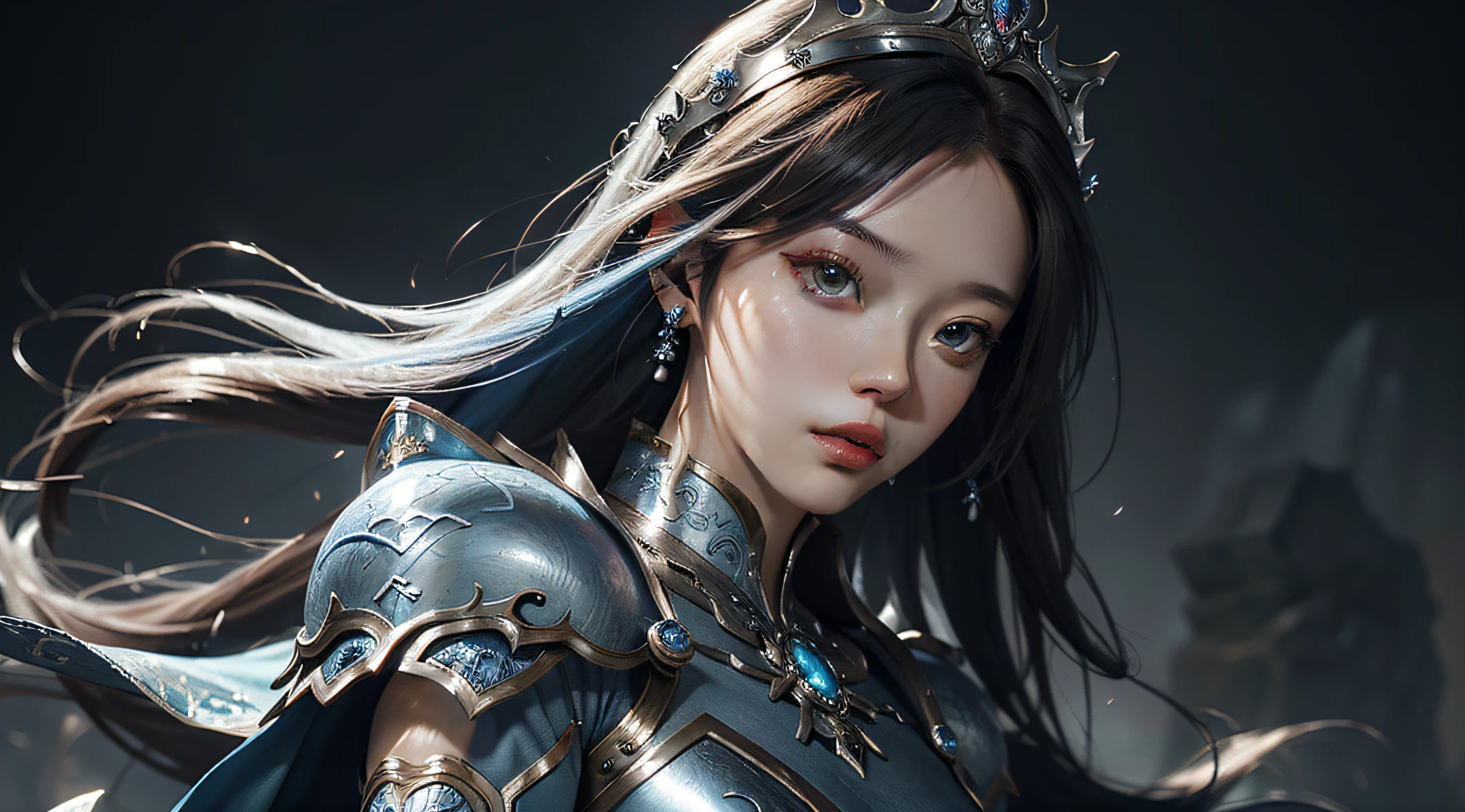 a close up of a woman in a silver and blue dress, chengwei pan on artstation, by Yang J, detailed fantasy art, stunning character art, fanart best artstation, epic exquisite character art, beautiful armor, extremely detailed artgerm, detailed digital anime art, artgerm on artstation pixiv, armor girl