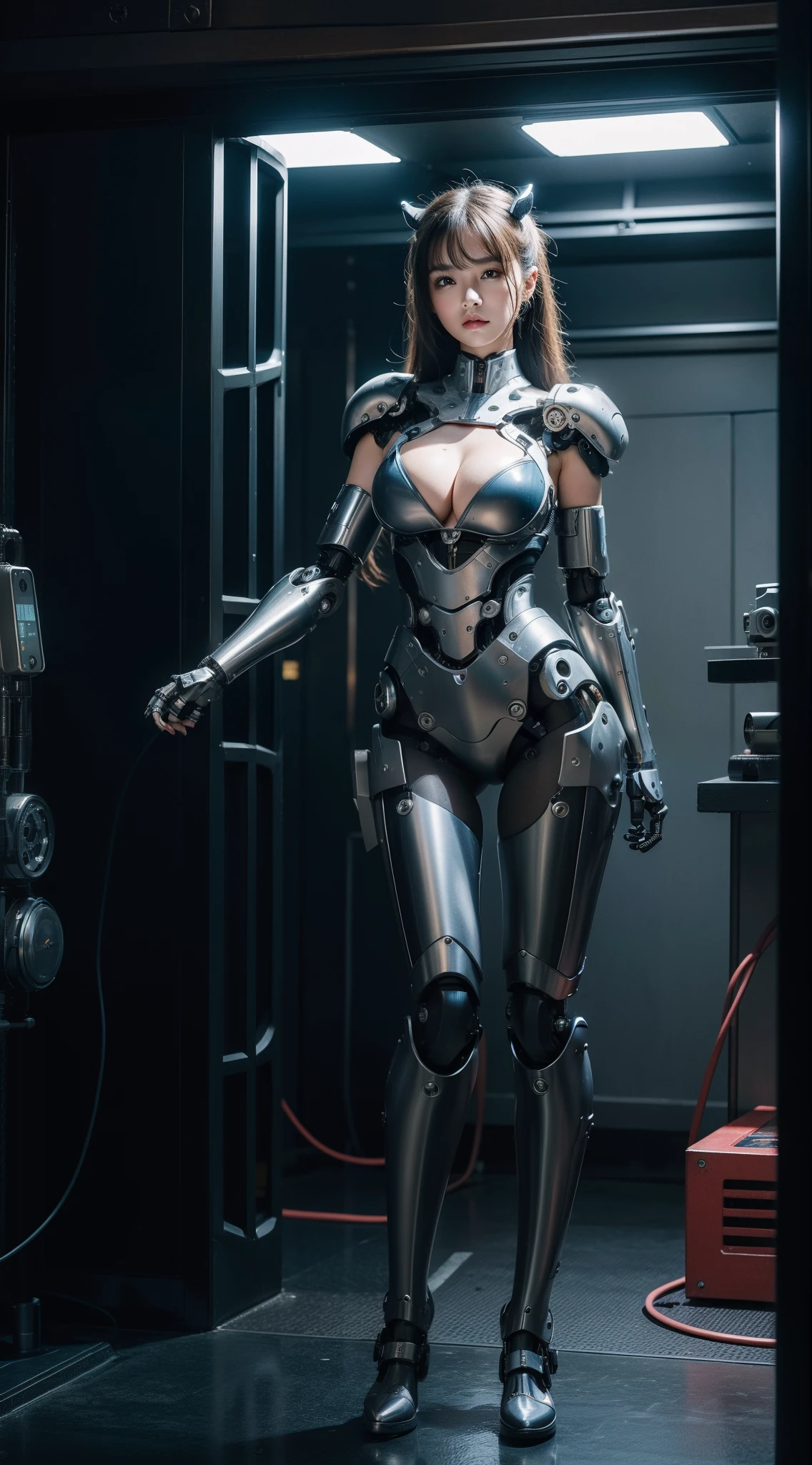 ((Best picture quality, 8K, tmasterpiece: 1.3)), A cute beauty with a perfect figure: 1.4, Slim big breasts, , (standing on your feet:1.2),Highly detailed facial and skin texture,Detailed eyes,二重まぶた,Mechanical robot structure ,cyber punk perssonage,A large number of mechanical structures