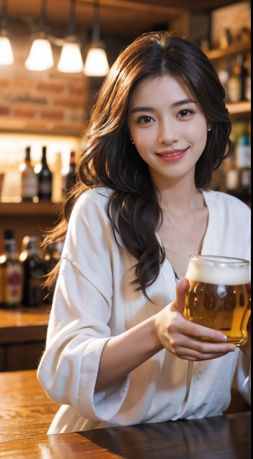 Wearing a beautiful white shirt、Realistic Japan Woman, beautiful japanese female, goddess of Japan, Beautiful Japan Female Face、Sexy Japan woman、facing front、Beautiful collarbone、Narrow-eyed、Single eyelid、Small eyes、tthin eyebrows、30-year-old woman with、low nose、thin lipss、Dimples、constricted hips、Suppin、Touching the waist、Beautiful feet、Being in a tavern、Drinking beer、Drunken face