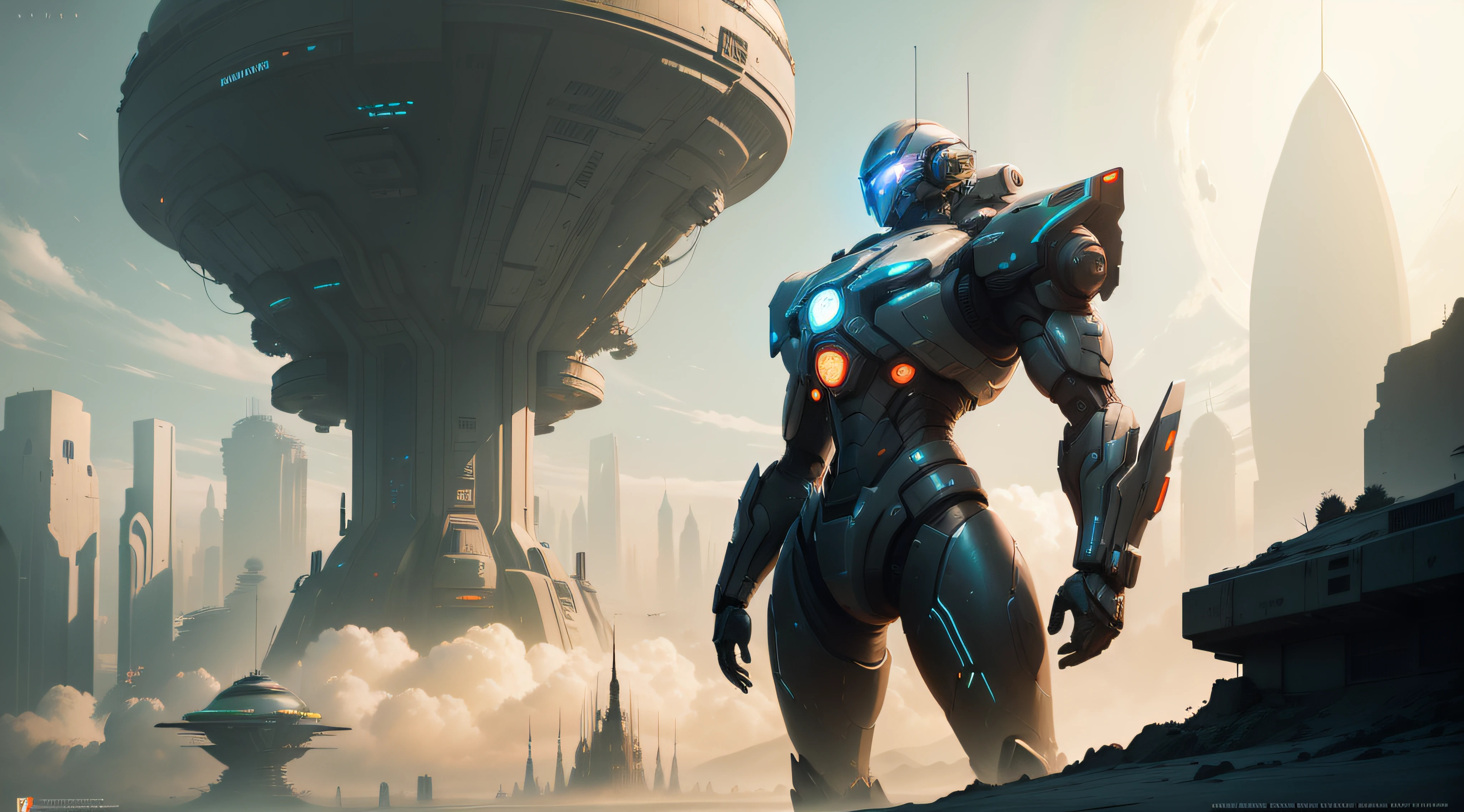 futuristic sci - fi art of a futuristic city with a giant robot, sci-fi illustrations, sci - fi illustrations, mystical sci-fi concept art, sci fi artwork, futuristic art style, futuristic concept art, scifi colors, sci-fi concept art, sci - fi concept art, arstation and beeple highly, sci-fi artwork