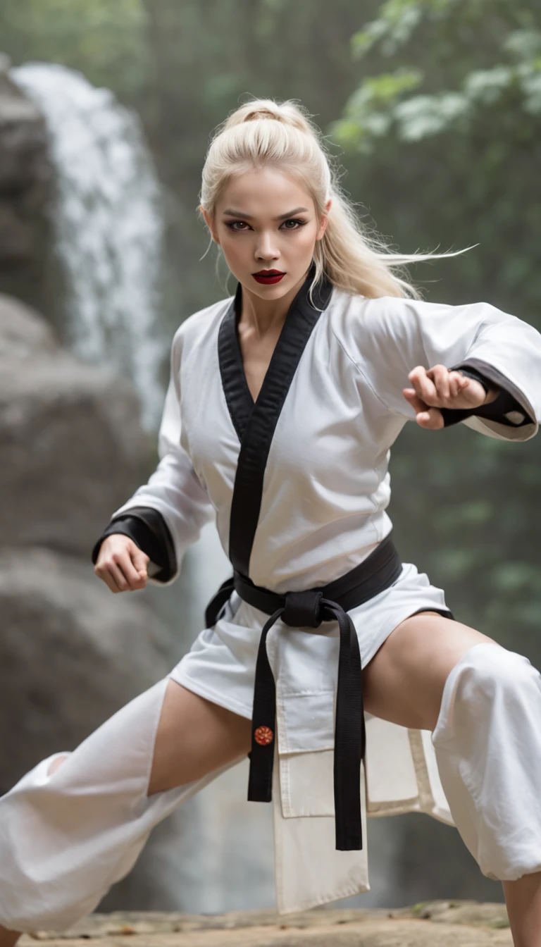 The expression is a smile. Produce a female white blonde caucasian martial artist costume designed in shades of white pearl and black. Give this image a dynamic feeling of fire and wind. Next, add a combat outfit (raw legs or tights) designed to accentuate the lines of the body (mini-skirt or spats) and give it a special touch with metal accents and belts. Further, combine accessories with gold or silver armbands, a cape without a brim and matching rings or earrings. Finally, emphasise the martial artist's strength and charm with sharp eyeliner and a deep red lip. Dynamic poses: adopt poses that show the energy and movement of a martial artist, such as fists thrust forward or raising one leg to replicate the action of a kick. Location: an ancient stone dojo with a thick mist in the air. It is surrounded by old stone statues and bamboo forests, with a cascading waterfall in the background. The place has a mystical and historical atmosphere that complements the martial artist's costume and its dynamism.