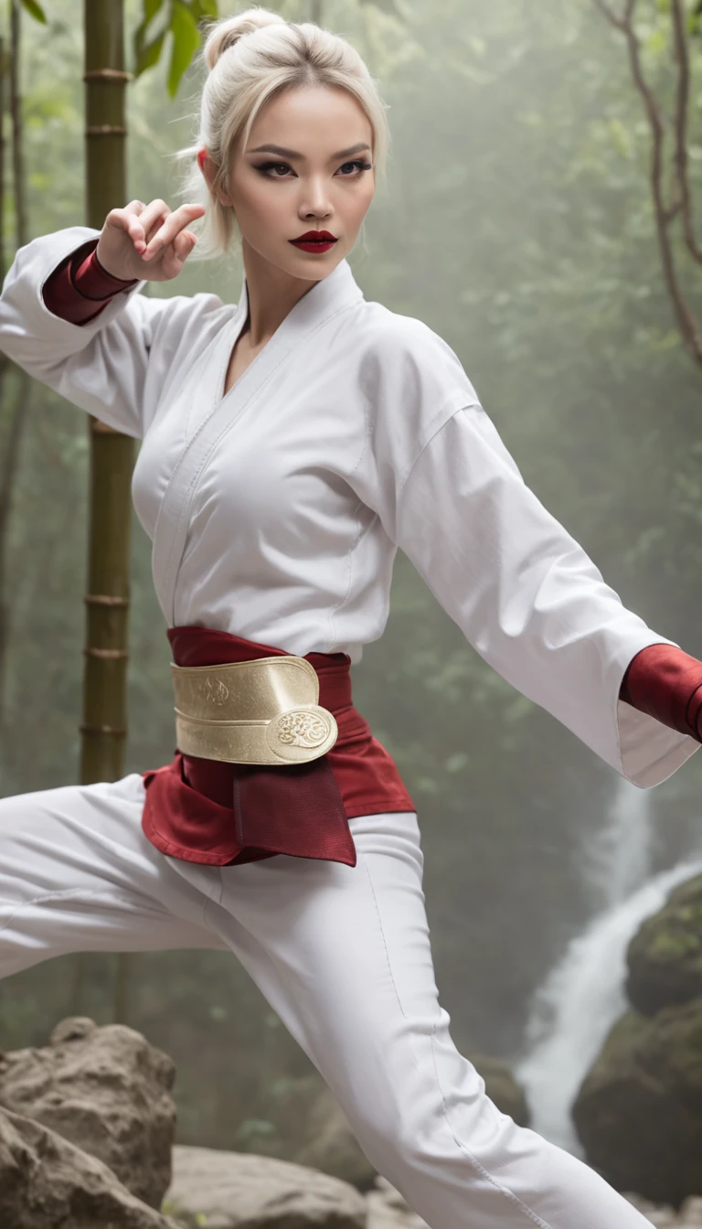 The expression is a smile. Produce a female white blonde caucasian martial artist costume designed in shades of white pearl and black. Give this image a dynamic feeling of fire and wind. Next, add a combat outfit (raw legs or tights) designed to accentuate the lines of the body (mini-skirt or spats) and give it a special touch with metal accents and belts. Further, combine accessories with gold or silver armbands, a cape without a brim and matching rings or earrings. Finally, emphasise the martial artist's strength and charm with sharp eyeliner and a deep red lip. Dynamic poses: adopt poses that show the energy and movement of a martial artist, such as fists thrust forward or raising one leg to replicate the action of a kick. Location: an ancient stone dojo with a thick mist in the air. It is surrounded by old stone statues and bamboo forests, with a cascading waterfall in the background. The place has a mystical and historical atmosphere that complements the martial artist's costume and its dynamism.