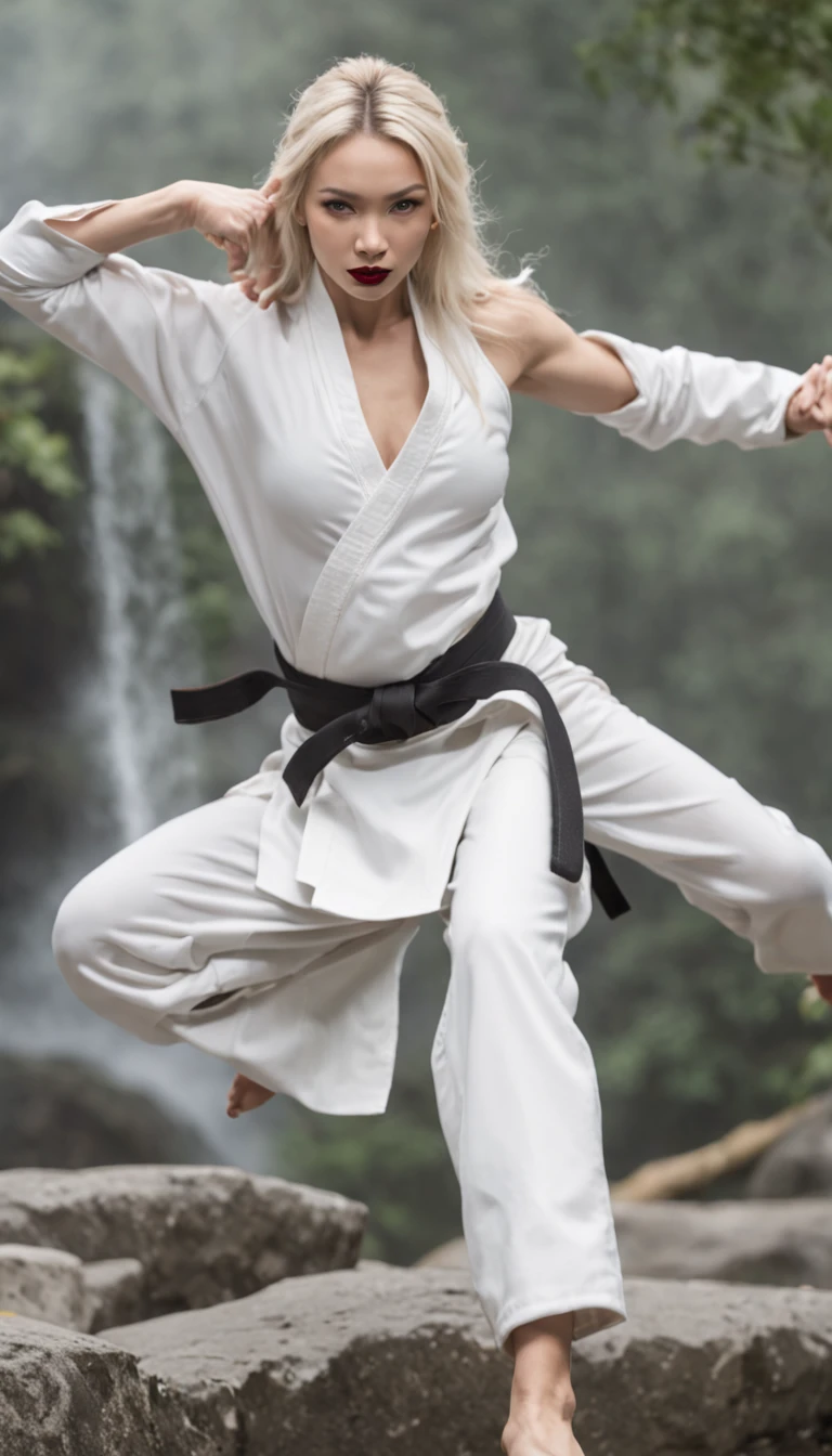 The expression is a smile. Produce a female white blonde caucasian martial artist costume designed in shades of white pearl and black. Give this image a dynamic feeling of fire and wind. Next, add a combat outfit (raw legs or tights) designed to accentuate the lines of the body (mini-skirt or spats) and give it a special touch with metal accents and belts. Further, combine accessories with gold or silver armbands, a cape without a brim and matching rings or earrings. Finally, emphasise the martial artist's strength and charm with sharp eyeliner and a deep red lip. Dynamic poses: adopt poses that show the energy and movement of a martial artist, such as fists thrust forward or raising one leg to replicate the action of a kick. Location: an ancient stone dojo with a thick mist in the air. It is surrounded by old stone statues and bamboo forests, with a cascading waterfall in the background. The place has a mystical and historical atmosphere that complements the martial artist's costume and its dynamism.