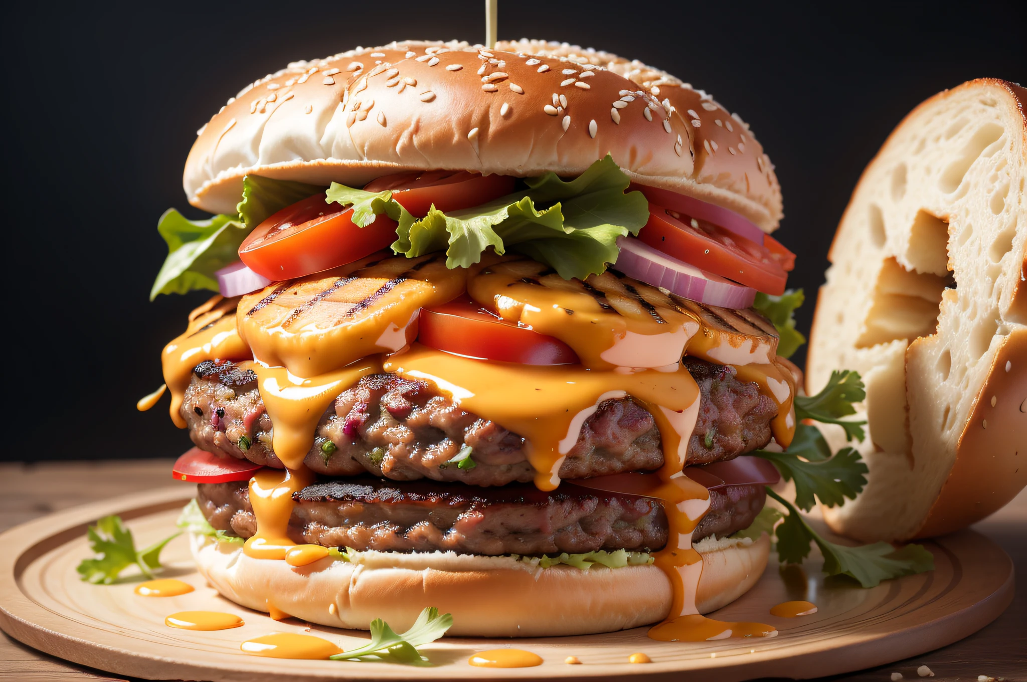 "A mouthwatering, perfectly grilled burger with a juicy patty, fresh vegetables, and a toasted bun."