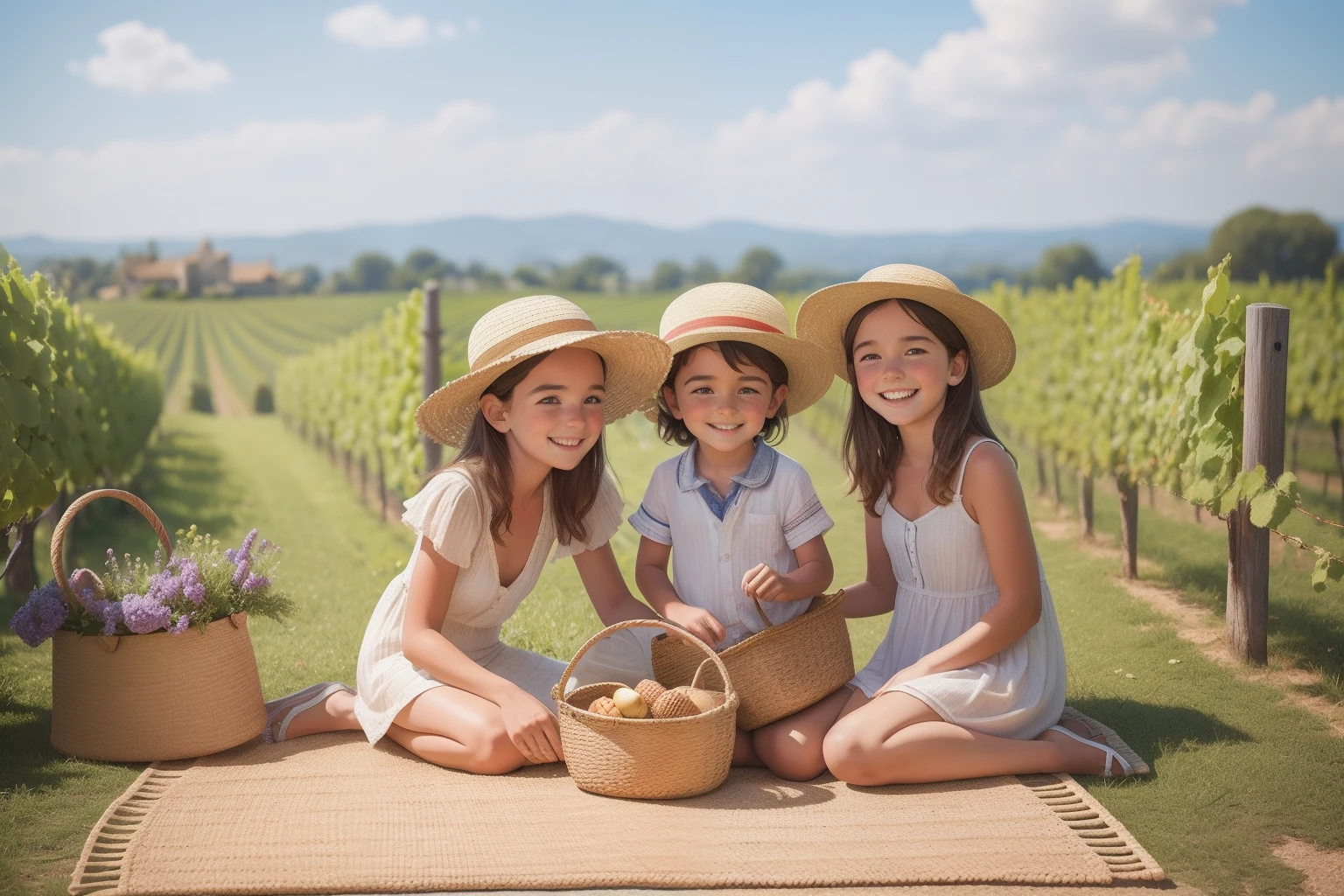 Amidst a sun-drenched French countryside, a family with windswept hair, including a freckled child with a straw hat, picnics beside an impossibly tall stack of wicker baskets, while vineyards stretch to the horizon.