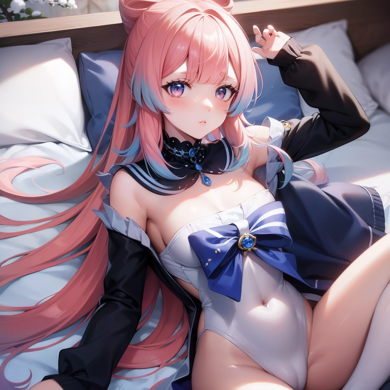 Kizi，Fair skin，Snow-white eyes of wisdom，Exquisite facial features，Lie down in bed，Pink hair，Long hair spread out，Hair on the chest，Open your legs，Just woke up，Gape，Transparent sailor suit，Place your hands on your body，The face is relaxed，Red，