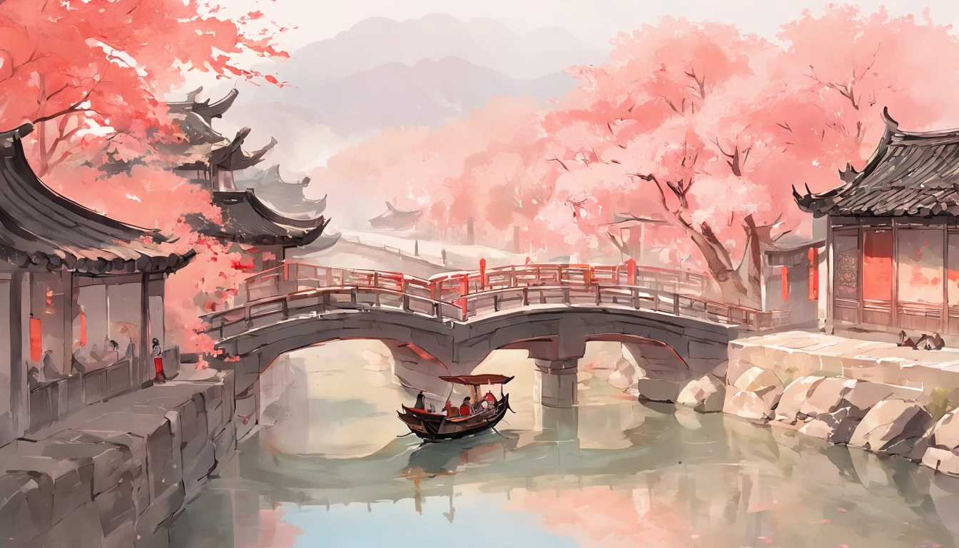 Art graphics, Big fish begonia illustration style，River paintings of boats and buildings in the background, Ancient Chinese Jiangnan landscape，arch bridges，peach blossom，chinese artist, Chinese watercolor painting, Chinese Ancient Architecture, landscape artwork, Chinese watercolor style, dreamy Chinese towns, Chinese Village, Chinese watercolor painting, author：Shen Shizhen's highly detailed cleaning, Authentic illustrations，of the highest quality，Artistic