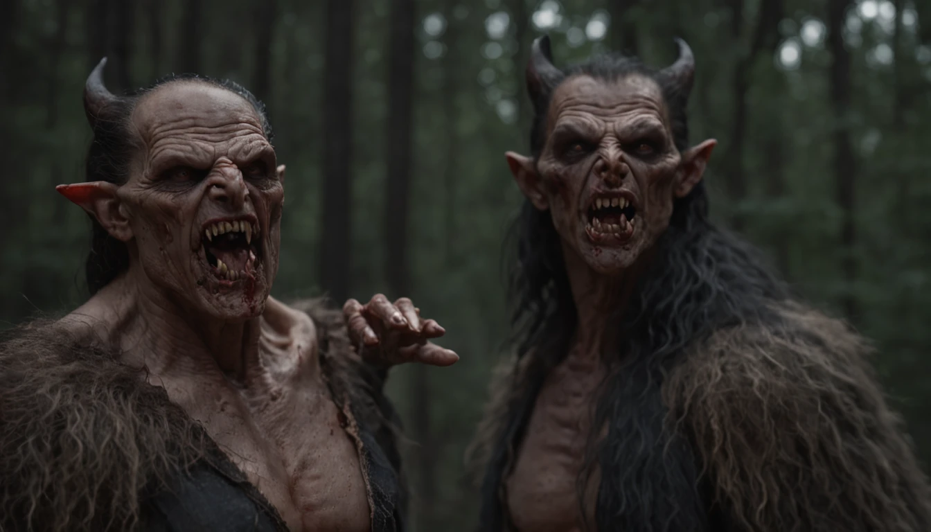 Beautiful vampires ahead, (Huge werewolves standing in the distance),Forest night full body, Dramatic lighting, abstract expressionism, Metaphysical, expressionistic, Golden ratio,detail, Aesthetic, Octane rendering, Excellent composition, Natural texture, 8k oil, pain, Masterpiece, canon eos r4s 50
