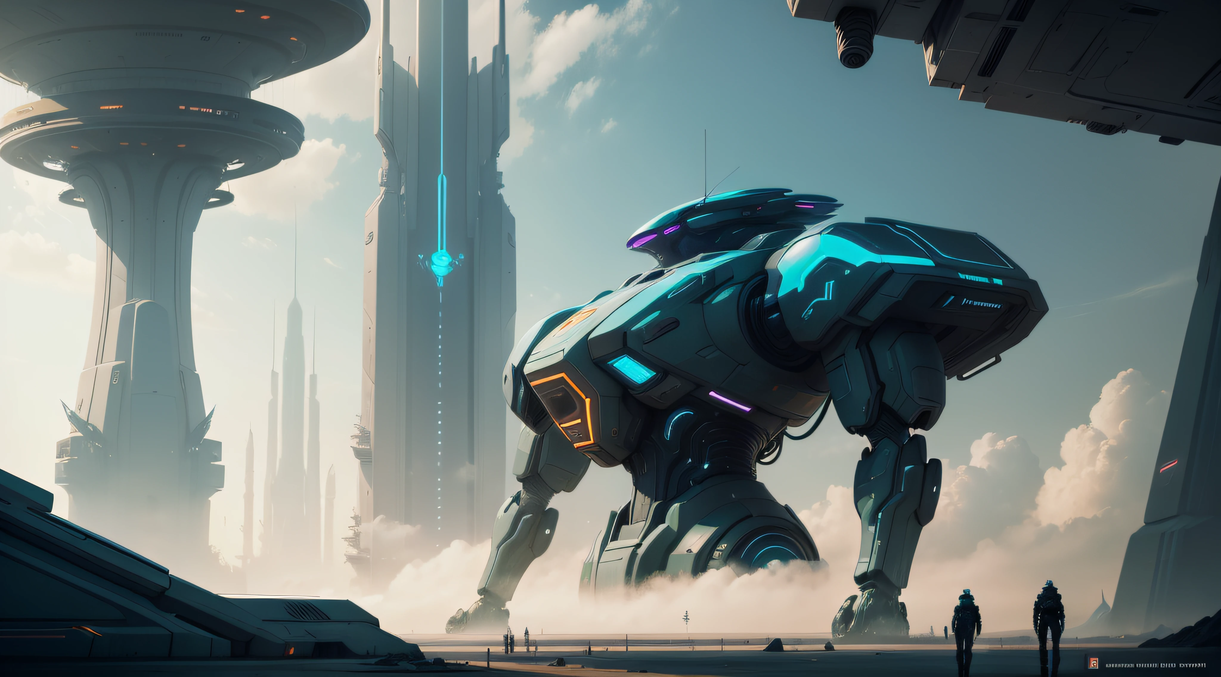 futuristic sci - fi art of a futuristic city with a giant robot, sci-fi illustrations, sci - fi illustrations, mystical sci-fi concept art, sci fi artwork, futuristic art style, futuristic concept art, scifi colors, sci-fi concept art, sci - fi concept art, arstation and beeple highly, sci-fi artwork