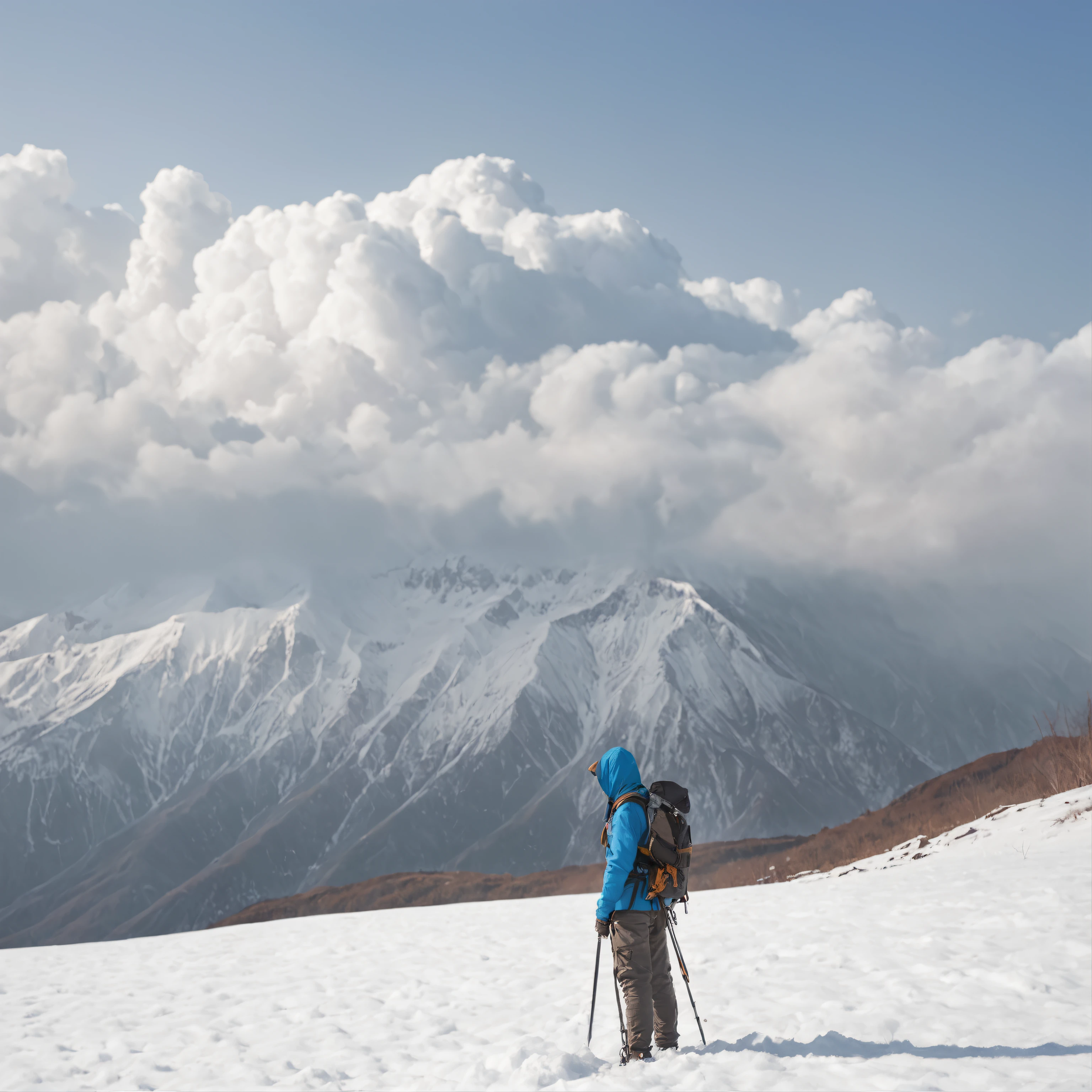 A man climbs a snowy mountain alone,Very shocking picture,The sky is blue,People stand far away