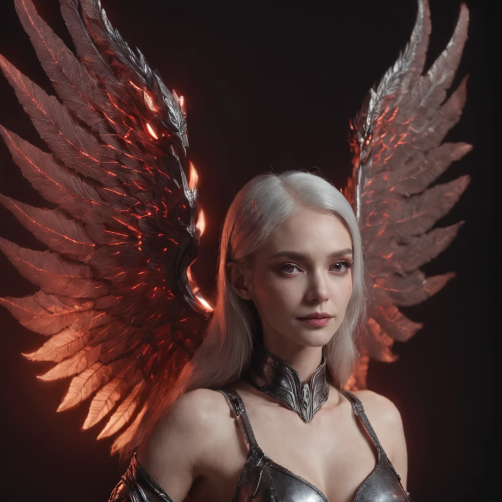 Close-up of a portrait of a woman,cyber punk perssonage,Wings of Magic,Dramatic lighting,((((Bust on the front)))),Red and blue lights,darkly,divino,perfect compositions,cinmatic lighting,Ultra-delicate skin,Magical world,in the dark castle,A combination of magic and alien technology,Wings,sportrait,whaite hair,Feathered wings,Magic and newcomers combined,Woman bust,mistic,Beutiful women,Dark environment,Divine light,cinematic compositions,perfect compositions,softlighting,Detail light,Playful smile,(Many award-winning masterpieces,The details are incredible, textures and maximum detail), (Hyper-realistic: 1.4), (Realistic: 1.3), ((((Front bust)))))(cyber punk perssonage),Wings,Castle building,Mechanical dare,A combination of futuristic technology and magic,(Highest quality authentic textured skin), Fantasy theme, Black clothes, Black cloak, Network elements, Red light, Blue light, finerly detailed face, ((medieval world)),A close-up of a woman,(Lord's Flame Demon)), (((Lord's Hellfire Demon))) (With a mischievous smile on his face), (Glowing eyes in the dark: 1.5), (A pair of black eyes,A strong red light is emitted from the inside) :1.5), (full-body standing image: 1.5), (Dramaticlight), Wings, (A majestic sight), (Her face is gentle and beautiful, but somehow terrifying), Ears Wear glass earrings, (Dramatic photo: 1.4), (Full body portrait: 1.5), ((dramatic pose)), (blond hairbl), (Silver hair), (Maroon hair), Short hair, ((Looking up)) , ((Look down)), (A simple necklace of exquisite workmanship hangs around the neck), (Bioluminescence that emits a bright glow: 1.3), (Use gorgeous fire magic: 1.2), (swirling fire), Devil's Cathedral, The Devil's Grand Shrine, great temple, great cathedral, Temple ruins, Freestanding temple, (Luminous magic circle), Ancient Castle Site, Shine majestic clouds and sky, Lightning, Epic reality, fading, art, (greg rutkovsky: 0.8), (Teal and orange: 0.4), (art stations: 1.5), Cinematic, ((com cores neutras