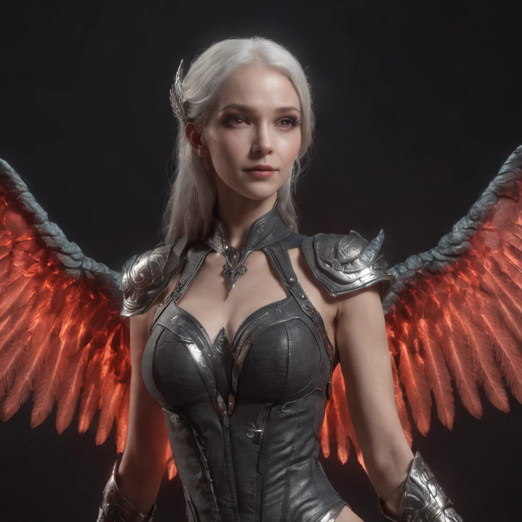 Close-up of a portrait of a woman,cyber punk perssonage,Wings of Magic,Dramatic lighting,((((Bust on the front)))),Red and blue lights,darkly,divino,perfect compositions,cinmatic lighting,Ultra-delicate skin,Magical world,in the dark castle,A combination of magic and alien technology,Wings,sportrait,whaite hair,Feathered wings,Magic and newcomers combined,Woman bust,mistic,Beutiful women,Dark environment,Divine light,cinematic compositions,perfect compositions,softlighting,Detail light,Playful smile,(Many award-winning masterpieces,The details are incredible, textures and maximum detail), (Hyper-realistic: 1.4), (Realistic: 1.3), ((((Front bust)))))(cyber punk perssonage),Wings,Castle building,Mechanical dare,A combination of futuristic technology and magic,(Highest quality authentic textured skin), Fantasy theme, Black clothes, Black cloak, Network elements, Red light, Blue light, finerly detailed face, ((medieval world)),A close-up of a woman,(Lord's Flame Demon)), (((Lord's Hellfire Demon))) (With a mischievous smile on his face), (Glowing eyes in the dark: 1.5), (A pair of black eyes,A strong red light is emitted from the inside) :1.5), (full-body standing image: 1.5), (Dramaticlight), Wings, (A majestic sight), (Her face is gentle and beautiful, but somehow terrifying), Ears Wear glass earrings, (Dramatic photo: 1.4), (Full body portrait: 1.5), ((dramatic pose)), (blond hairbl), (Silver hair), (Maroon hair), Short hair, ((Looking up)) , ((Look down)), (A simple necklace of exquisite workmanship hangs around the neck), (Bioluminescence that emits a bright glow: 1.3), (Use gorgeous fire magic: 1.2), (swirling fire), Devil's Cathedral, The Devil's Grand Shrine, great temple, great cathedral, Temple ruins, Freestanding temple, (Luminous magic circle), Ancient Castle Site, Shine majestic clouds and sky, Lightning, Epic reality, fading, art, (greg rutkovsky: 0.8), (Teal and orange: 0.4), (art stations: 1.5), Cinematic, ((com cores neutras