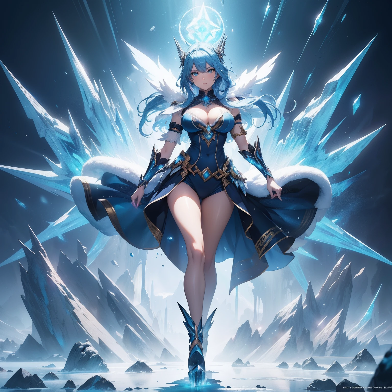 (masterpiece, best quality, photorealistic, cinematic), wide shot, full body, front view, standing, anime girl, ice magician, blue hair, perfect hands, nice hands, large cleavage, long round legs, round ass, artgerm and atey ghailan, ice surround her, 2. 5 d cgi anime fantasy artwork, in the art style of mohrbacher, artgerm and rossdraws, wreathed in ice, rossdraws global illumination, (ice spell), (snow spell), ice spike around, floating ice particle on the background, luminous ice balls