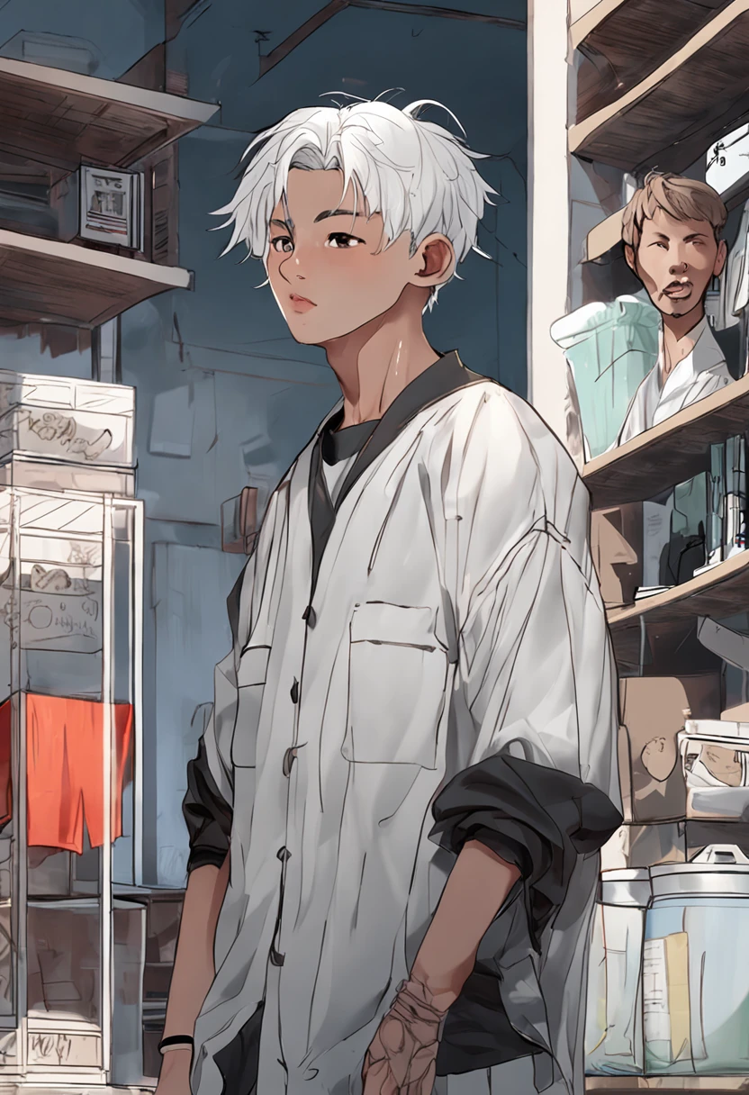 Bedroom photo of Asian white-haired boys wearing wet basketball uniforms in realistic style,
