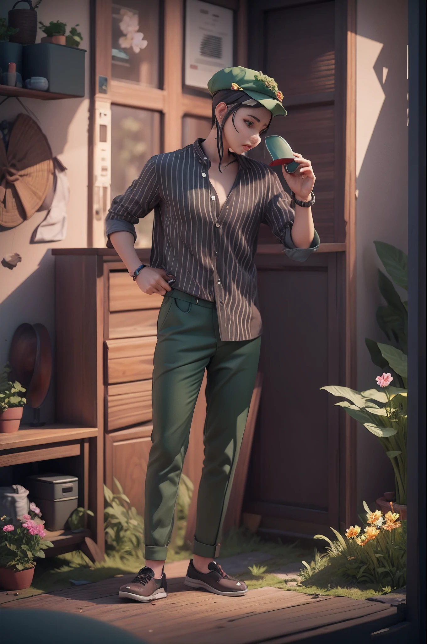 A cartoon character in a hat, female explorer mini cute boy, front face, spring wilderness, jungle of flowers, blooming flowers, long range shot, wide angle, animation style rendering, cute 3 D rendering, small characters. Unreal Engine 5, stylized anime, cute detailed digital art, Atey Ghailan 8 K, stylized 3D rendering, adventure surreal rendering, anime style 3D, 3D rendering stylized