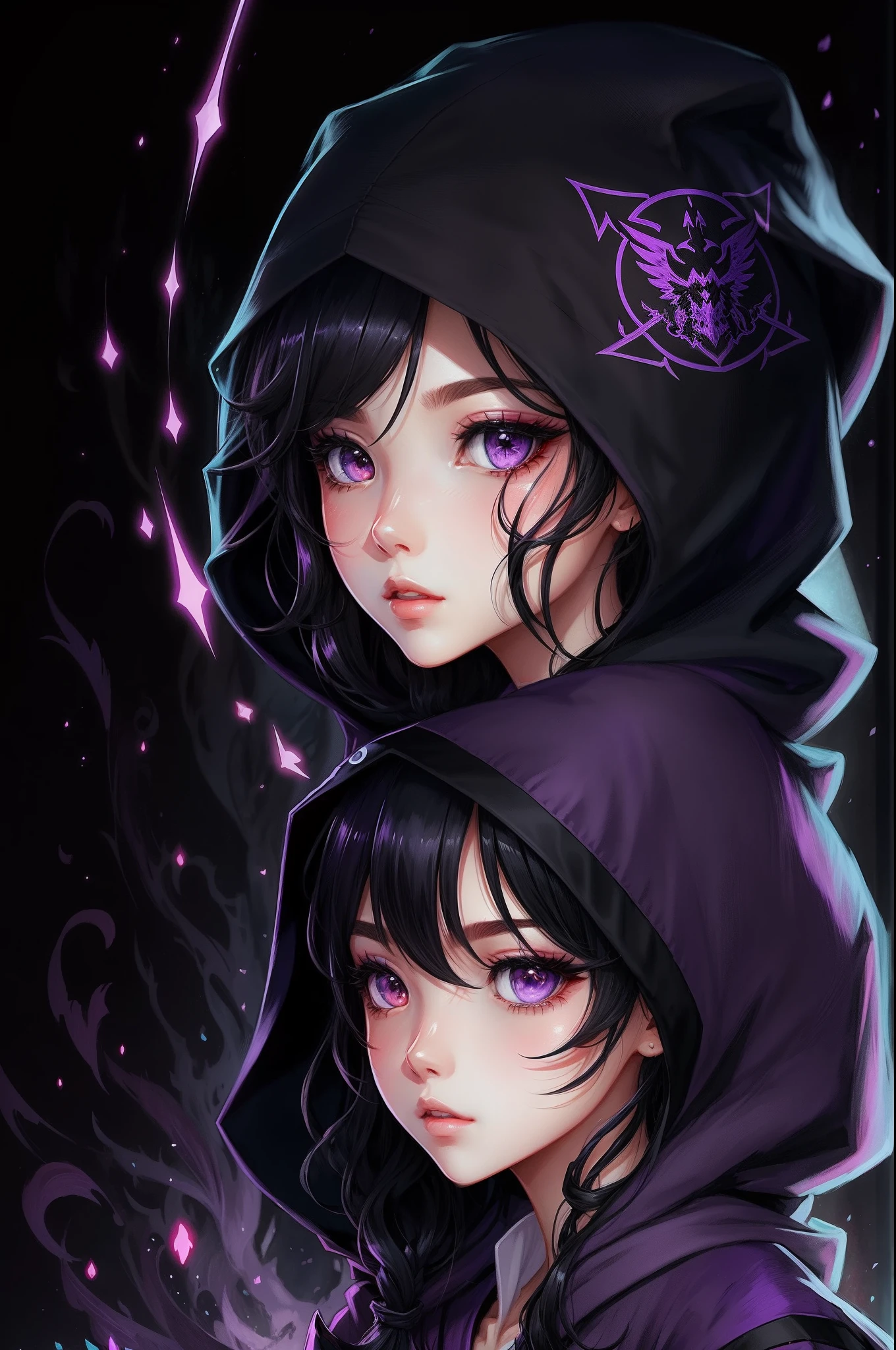 mtu、purple robes、wearing hood、greene eyes、Red-black hair color、full bodyesbian、beautiful line art、skin highlights、highly detailed eye、illustratio、digital illustrations、Manhwa Style、perfect anatomia、anime big breast、pictogram、Twitter、valorant、omenvalorant、