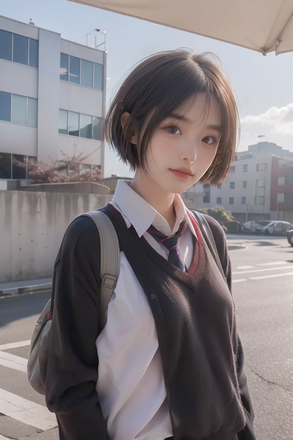 Best Quality, masutepiece, 超A high resolution, (Photorealistic:1.4), Raw photo, 1girl in,School uniform, Short hair,, (masutepiece, Best Quality, High quality, hight resolution, Ultra-detailed),