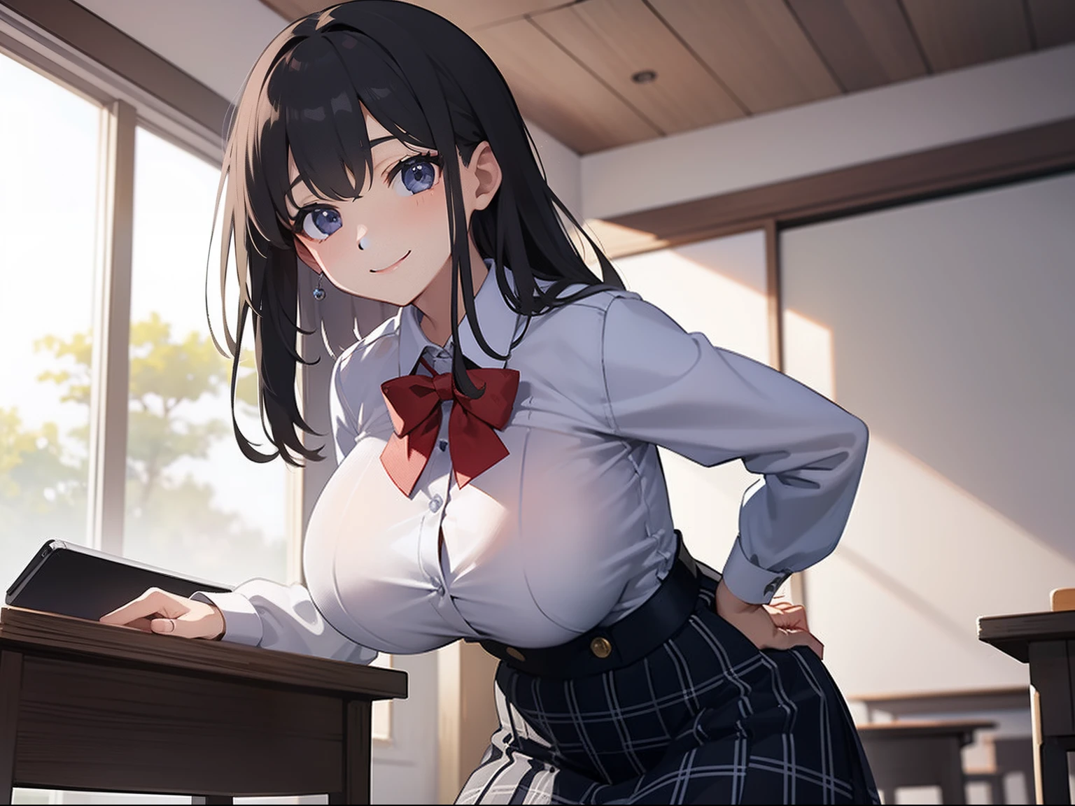 masterpiece、top-quality、校服、Classroom、Lori、huge-breasted、a smile、sitted、Plaid skirt、The upper part of the body。