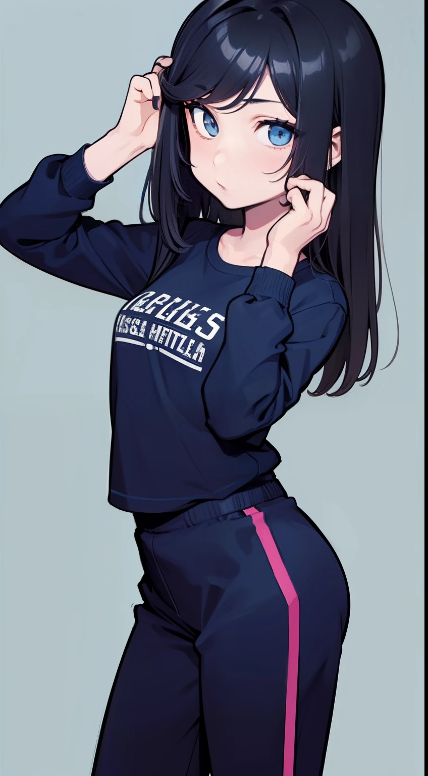 Handsome woman,cabelos preto e longos,Long straight hair,Qi bangs,blue color eyes,leisure wear,long trousers,simple backgound