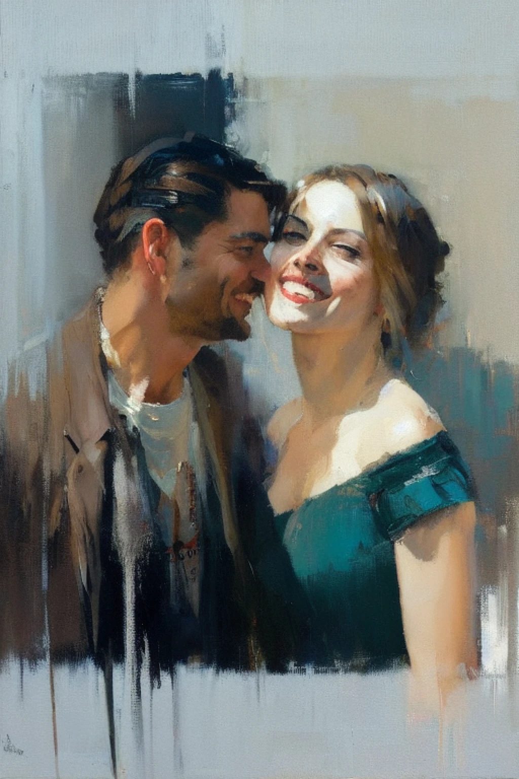 oil painting by artist (Jeremy Mann:0.8) and Edwin Georgi, man (smirk:1.2) and (1girl) facing each other, t-shirt, dress, erotic tension, danger, fence, dusk country field americana, (cinematic composition, distant, low angle), highly detailed, masterpiece, high quality, intricate, professional, award-winning, highest quality, polished