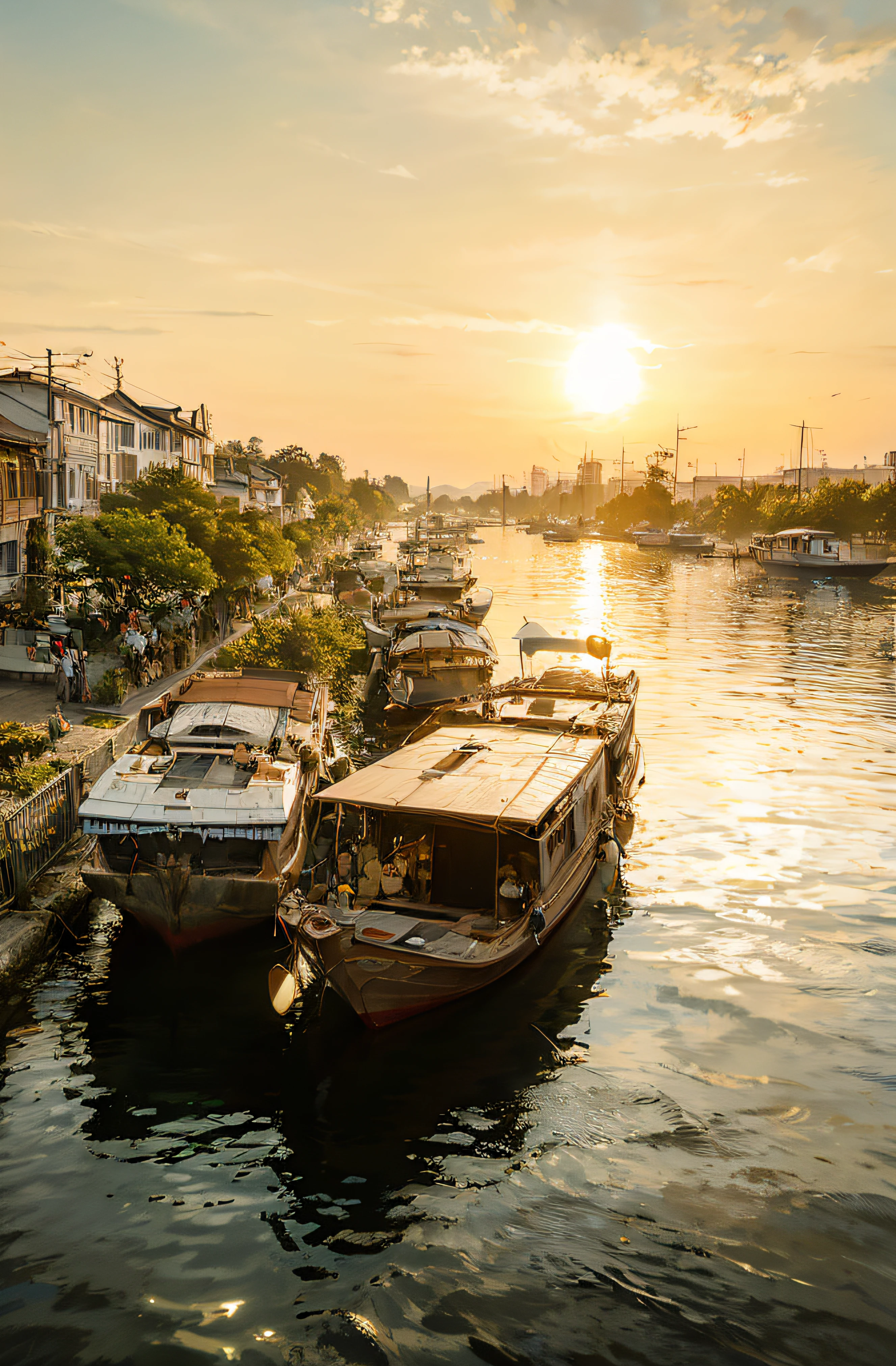 boats are docked on the water in a city at sunset, in the evening, thailand, filtered evening light, morning golden hour, shutterstock, evening sunset, evening at dusk, at sunset, vietnam, golden hour sunlight, bangkok, hard morning light, taken at golden hour, beautiful photo, evening light, at sunrise, wonderful, morning glow, summer evening