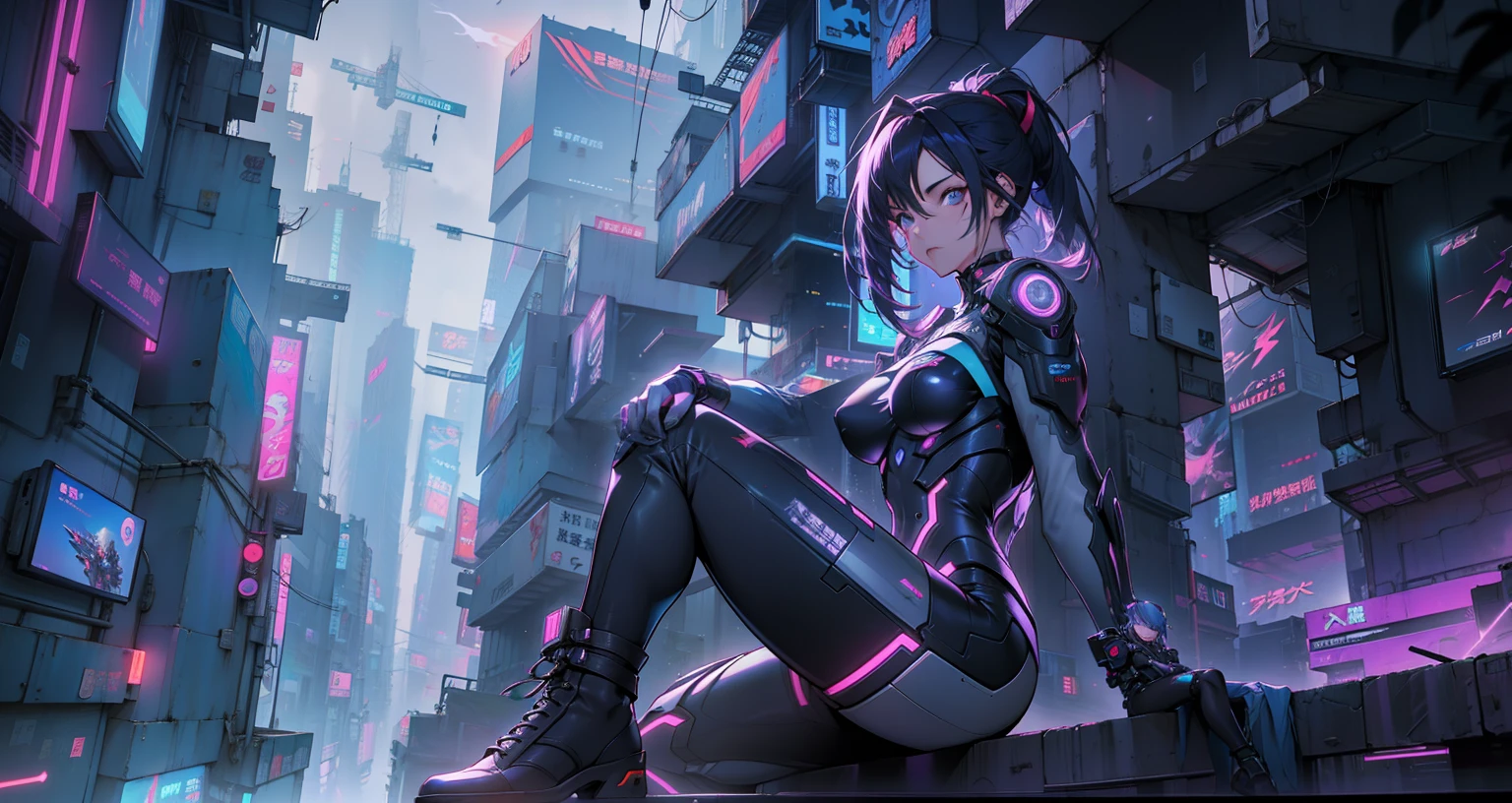 Cyber girl sitting on a ledge in the city at night。Cyberpunk anime art envelops her as digital worlds intersect。Modern cyberpunk art style illuminated by neon lights、It depicts a fusion of an anime girl and a mecha.。This art with a cyberpunk theme is、Feel like a dreamy future。With the scenery of a cyberpunk city lined with skyscrapers、Her presence is enchanting,、It seems to be wrapped in a mysterious magic。