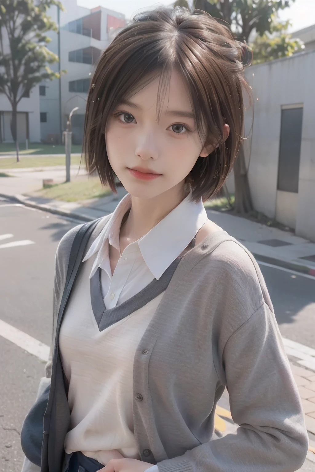 Best Quality, masutepiece, 超A high resolution, (Photorealistic:1.4), Raw photo, 1girl in,School uniform, Short hair,, (masutepiece, Best Quality, High quality, hight resolution, Ultra-detailed),