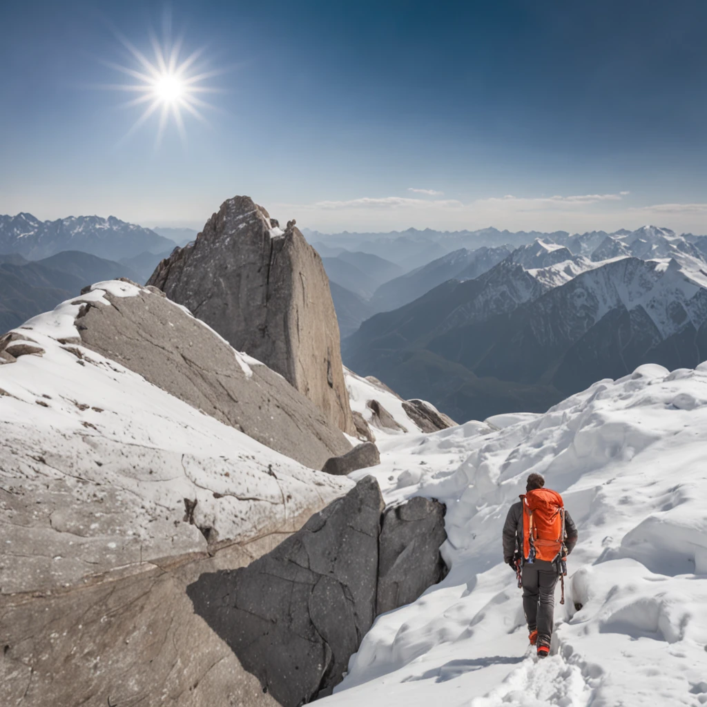 Climb the back of the snowy mountain alone,Very shocking picture,Blue sky