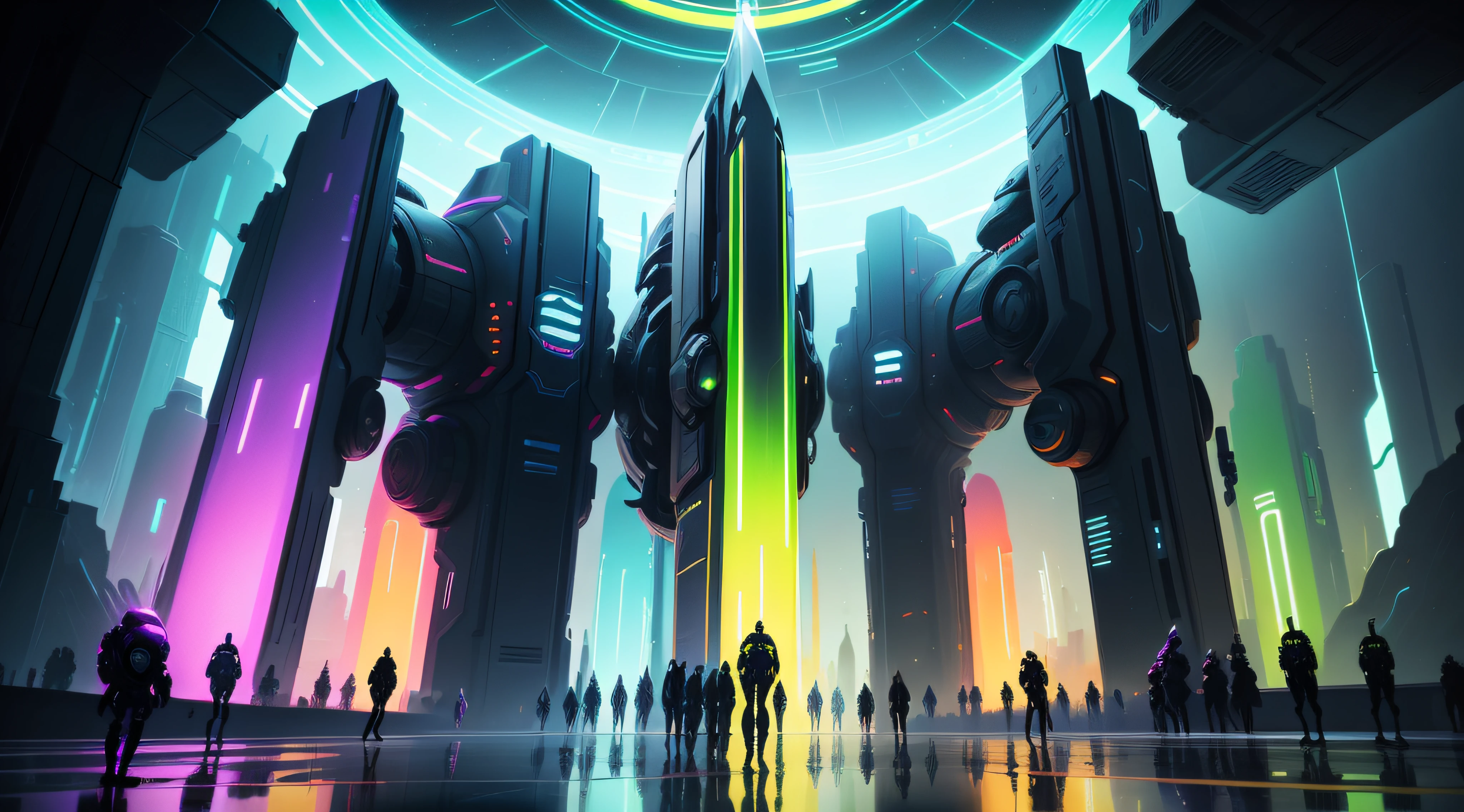 a close up of a bunch of different colored vases, futuristic art style, colorful concept art, alien buildings, parked spaceships, scifi colors, alien space ships, beeple colors, colorful dystopian futurism, detailed sci - fi backgrounds, spaceships, sci - fi illustrations, sci-fi illustrations, metaverse concept art, style hybrid mix of beeple