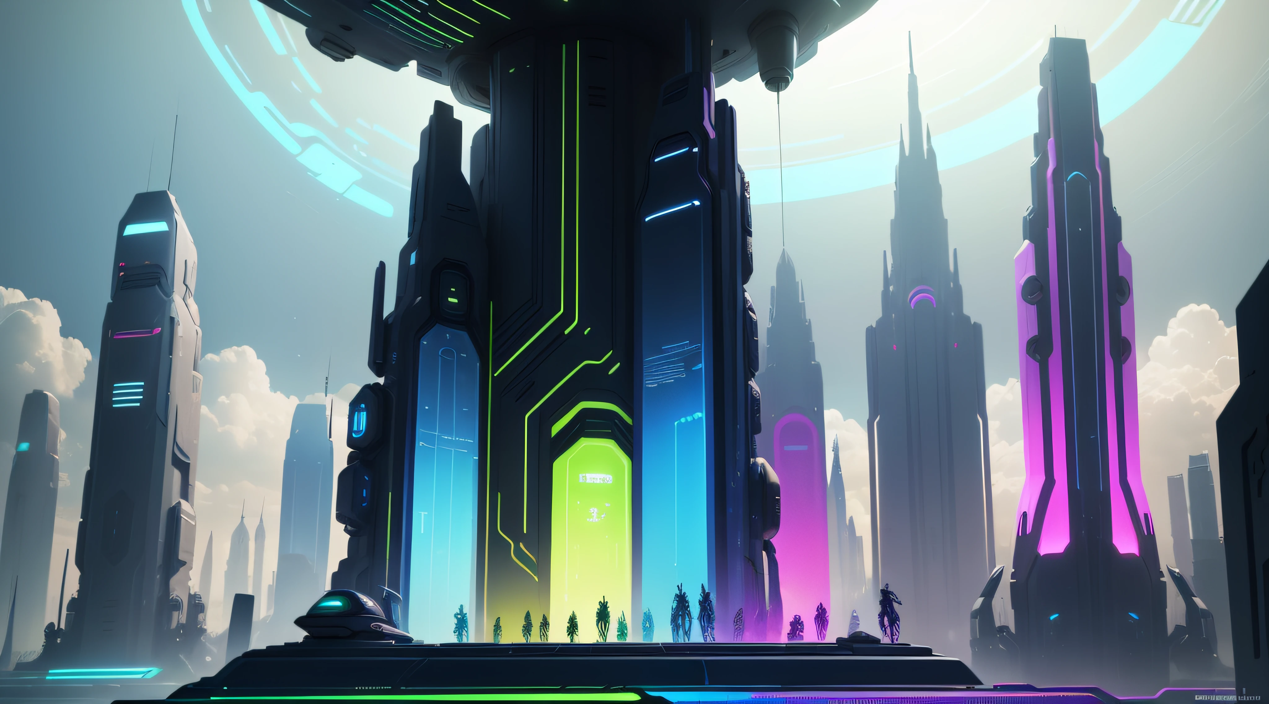 a close up of a bunch of different colored vases, futuristic art style, colorful concept art, alien buildings, parked spaceships, scifi colors, alien space ships, beeple colors, colorful dystopian futurism, detailed sci - fi backgrounds, spaceships, sci - fi illustrations, sci-fi illustrations, metaverse concept art, style hybrid mix of beeple