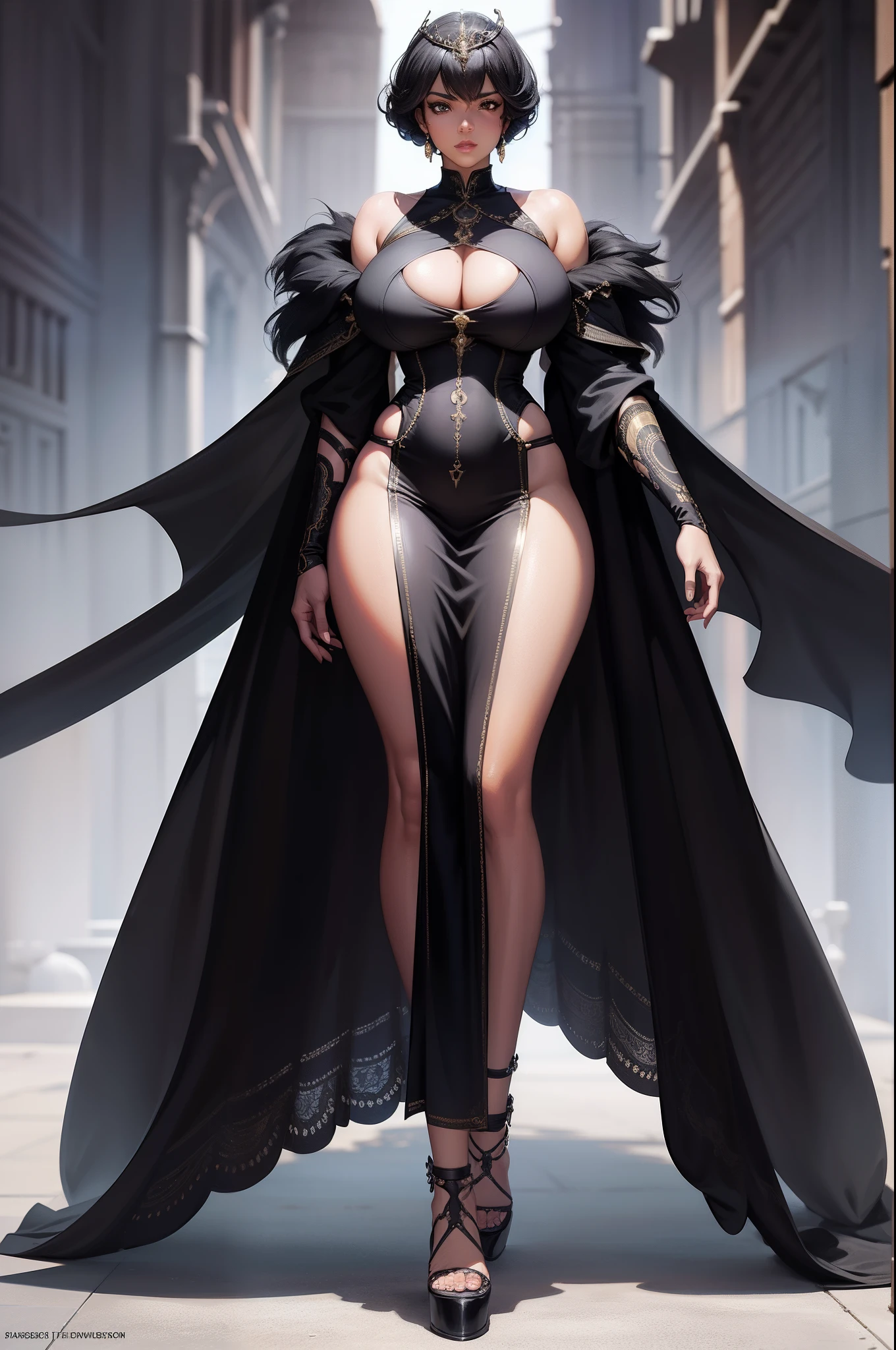 Digital illustration of black African women in Art Nouveau, steampunc, anime big breast, Pretty face, Large scale, Realistic proportions, Highly detailed, smooth, Sharp focus, 8K, Ray tracing, Digital painting, concept art illustration, By Artgerm, trending on artstationh, Sony A1,royal elegant pose,((a beautiful fantasy empress)),elegant standing posture,full-body portraits,Intimate black silk clothing,Tight black silk,Transparent black silk
