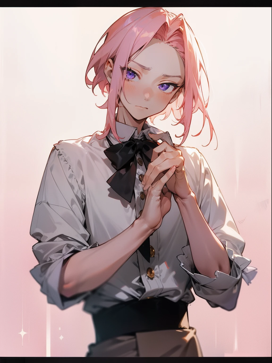 Kohaku Oukawa, anime male, short hair, light pink hair, purple eyes, shota, masterpiece, best quality, male character, anime boy, skinny, slim, male, middle part, young man, , forehead showing, slim, teen, chin length hair, best quality, flawless skin, detailed eyes, white ruffled shirt, oversized outfit, large buttons on shirt, tsundere, male character, lovely boy, soft colors, soft lighting, bokeh, muted colors, light colours, bow on neck, puffed sleeves on shirt, Peter Pan collar, elegant, vintage shirt, male character design, blurred background, pale lighting, muted color palette, aesthetic,